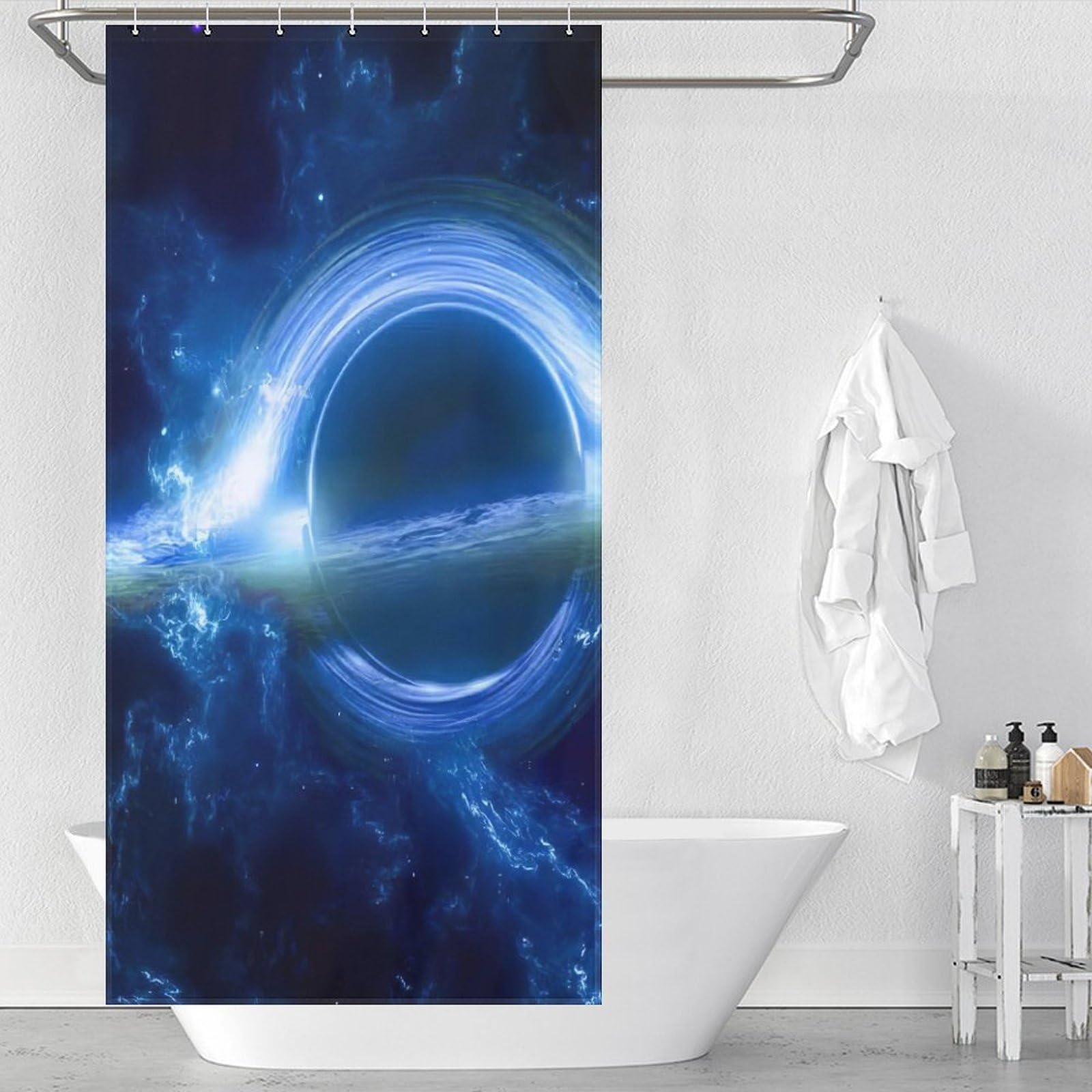 Rideau douche tissu trou noir doré étanche pour stopper les fuites sur le sol 92x183