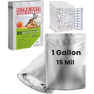 30 Mylar Bags for Food Storage 1 Gallon - Extra Thick 15 Mil - Long Term & Food Grade - Mylar Bags with Oxygen Absorbers 400cc- Zipper, Resealable, Stand-up Gousset - Bolsas Mylar con Abosrbentes