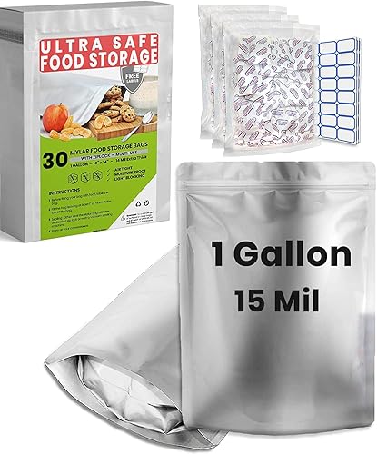 30 Mylar Bags for Food Storage 1 Gallon - Extra Thick 15 Mil - Long Term & Food Grade - Mylar Bags with Oxygen Absorbers 400cc- Zipper, Resealable, Stand-up Gousset - Bolsas Mylar con Abosrbentes