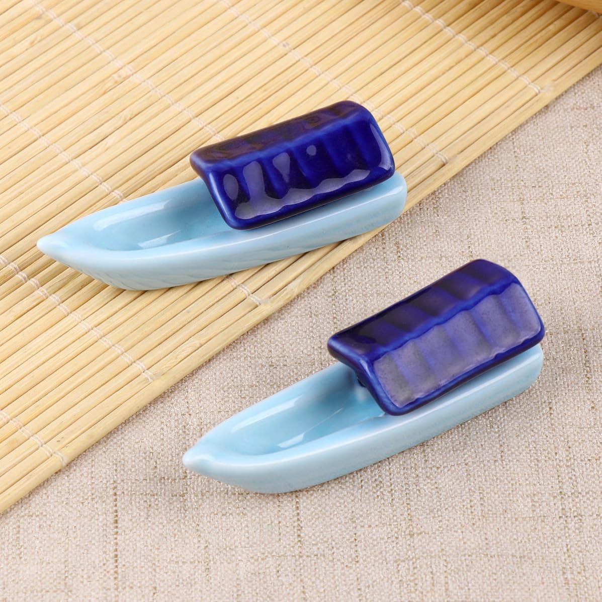 4pcs Blue Ceramic Chopsticks Rest Holder Boat Shape Japanese Style Chopstick Holder for Dining Table Decor and Housewarming Gift