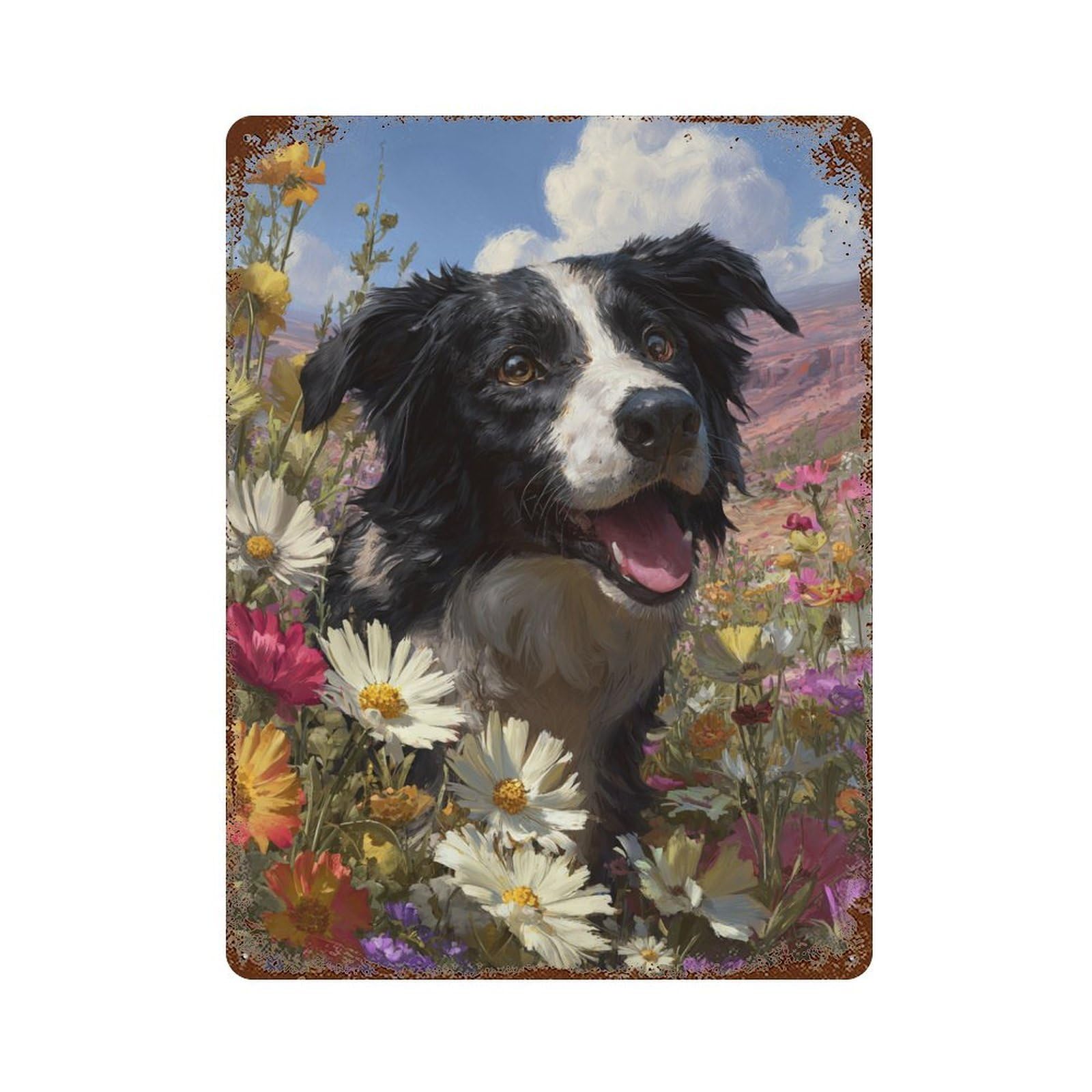 Rust Effect Floral Field with Happy Dog -5 Rusty Metal Tin Sign 15.7"x11.8", Farmhouse Wall Decor for Shed, Workshop And Garage Wall Decor