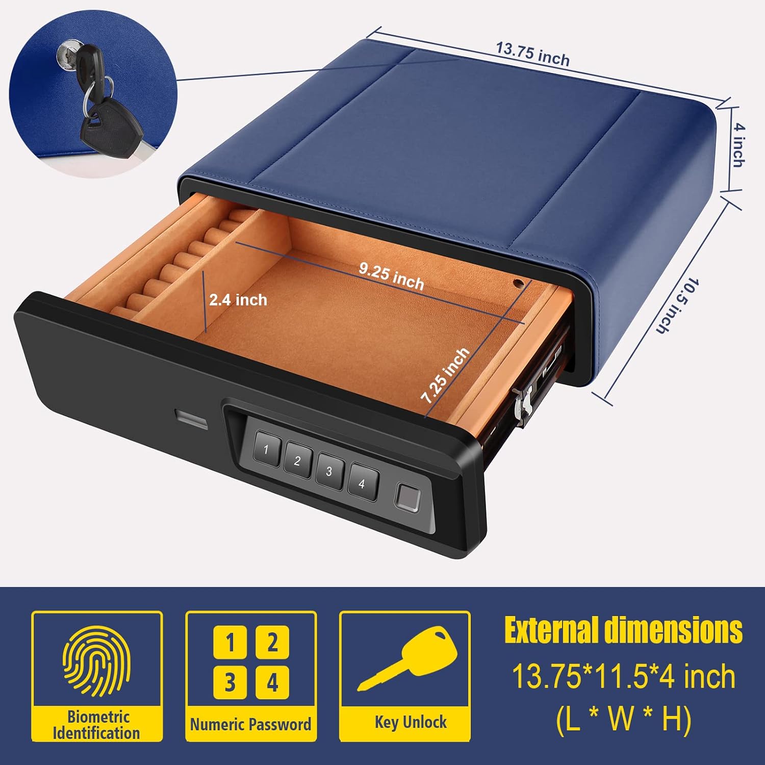 Biometric Fingerprint safe, Slide-Away Handgun Safe for Pistols, Leather Wrapped Jewelry Storage Safe, Drawer Lock for Home and Vehicle- Blue