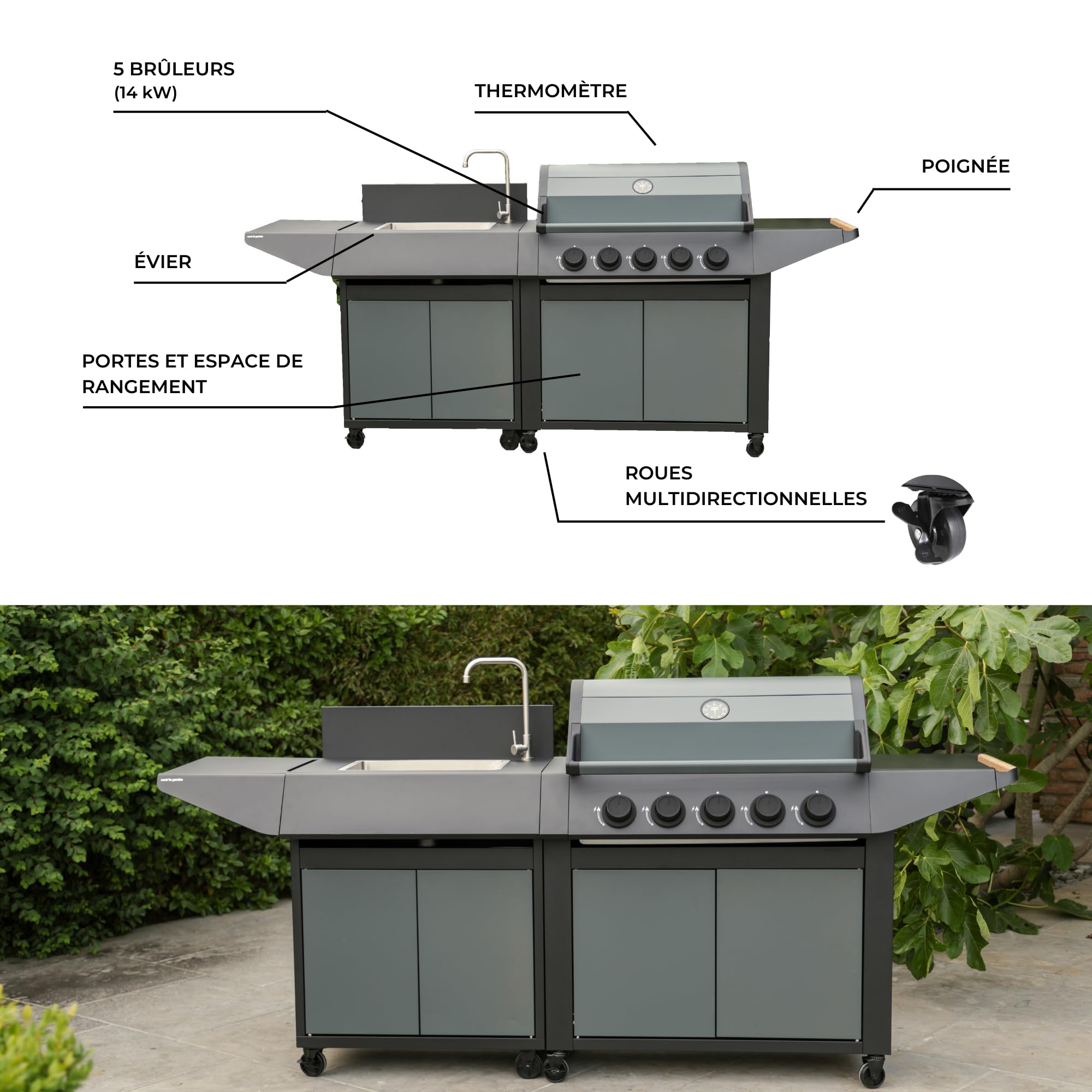 Cook'in Garden - Barbecue à gaz BURN 80 PREMIUM 5 brûleurs + évier
