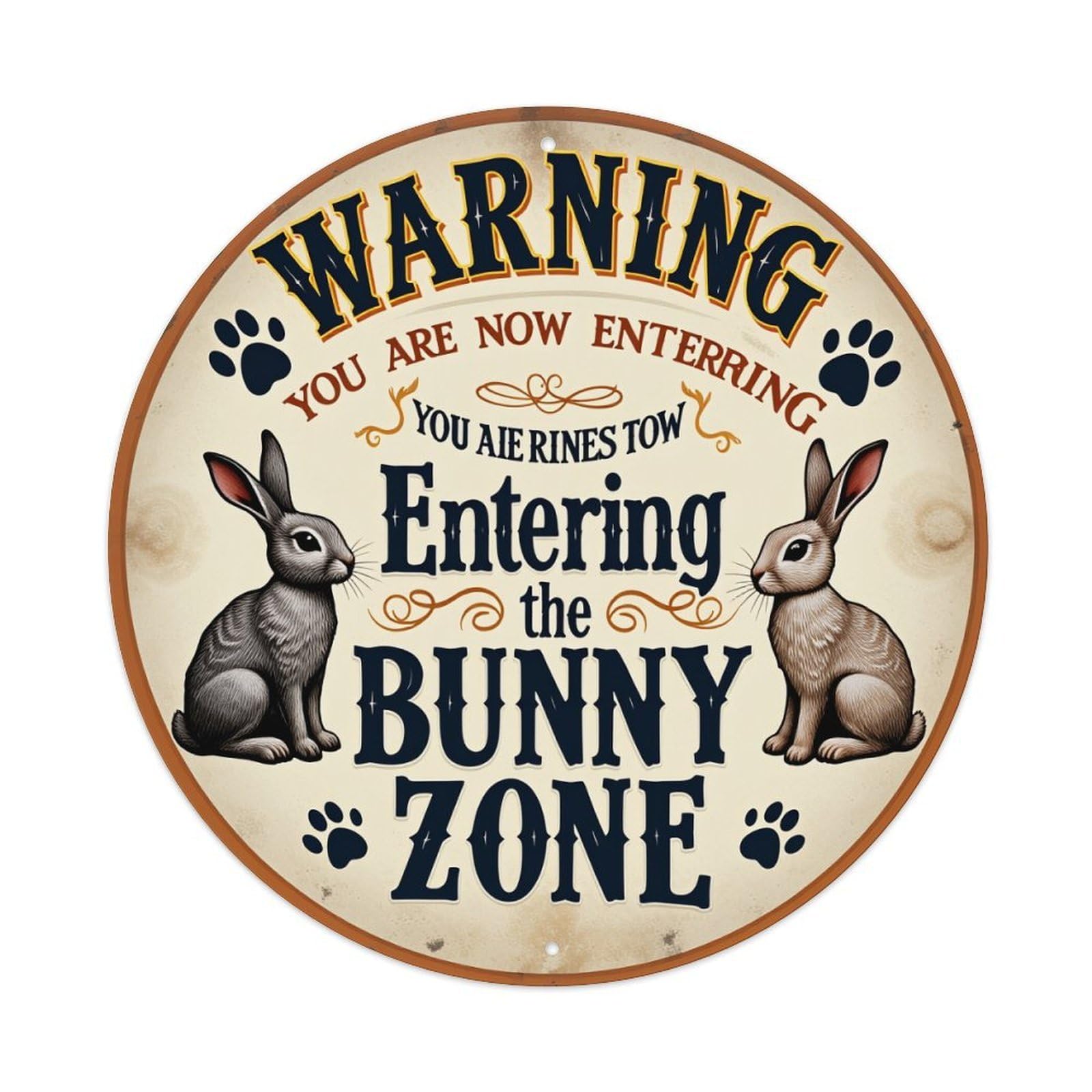 Warning Bunny Zone Sign Pattern Round Metal Tin Sign Vintage Wall Decor, Bar Garage Cafe Kitchen Home Wall Art Poster 8x8inches