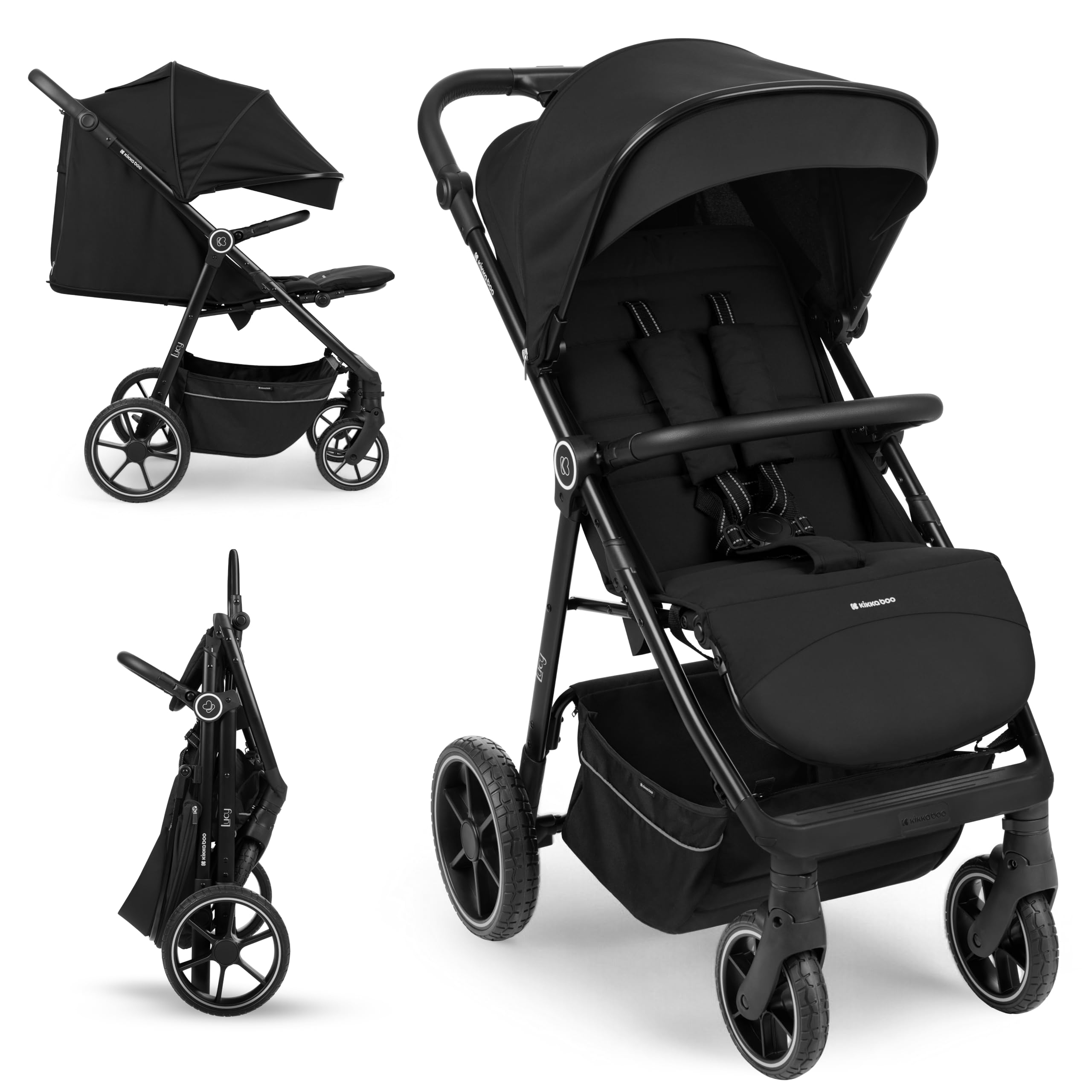 Poussette KikkaBoo LUCY, poussette bébé, jusqu'à 22 kg, poussette légère, pliable et compacte, noire