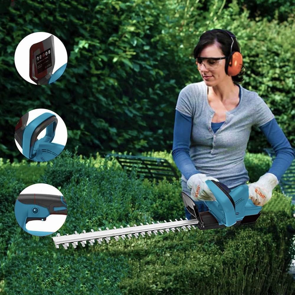 Cortasetos eléctrico con hoja de 52 cm y dos baterías de 48 V sin cables, cuchillas dobles largas, motor potente para setos y arbustos con accesorios