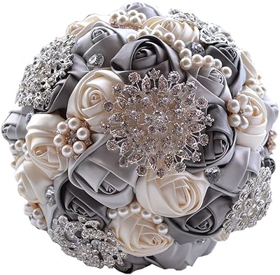Amazon Com Wedding Flowers Bridal Bouquets Elegant Pearl Bride Bridesmaid Wedding Bouquet Crystal Sparkle Gray Kitchen Dining