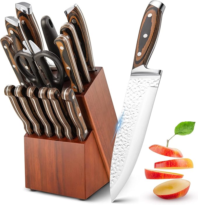 COSTWAY Kitchen Knife Set, Full Tang Knife Set with Block
