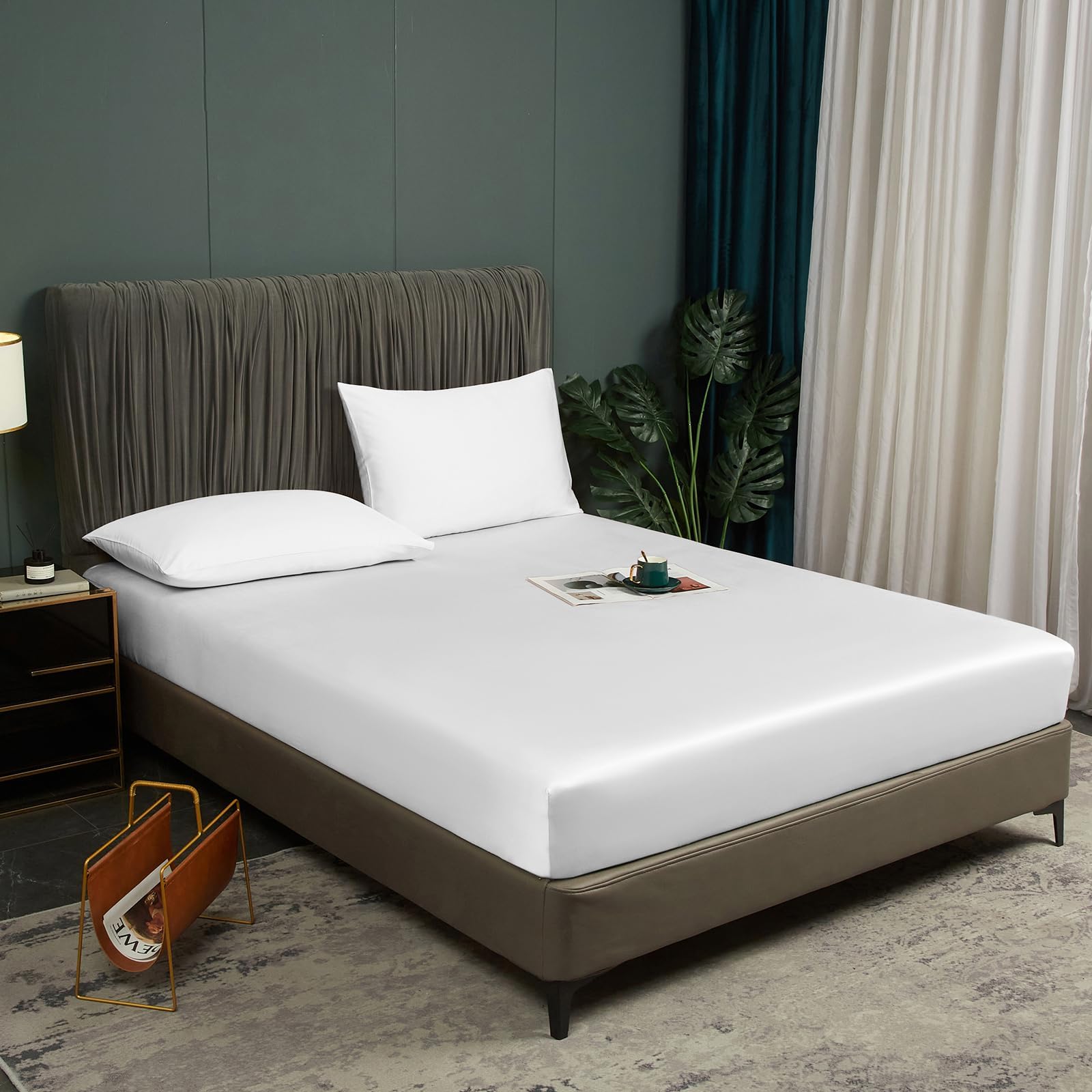 Bamboo Fitted Sheet 200 x 200 cm White Antibacterial Cooling Fitted Sheets Cooling 100% Bamboo Fitted Sheet Set Double Bed Plain Sheet for High Mattress High Bridge up to 25-30 cm