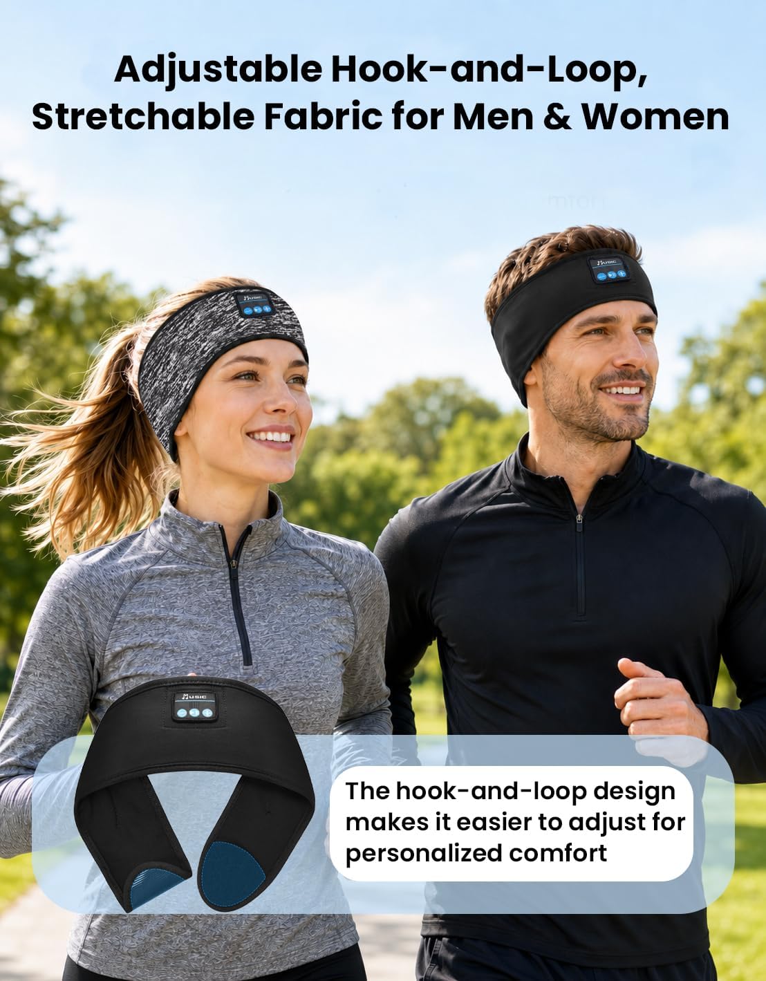 2PCS Adjustable Sleeping Headphones, Hook-and-Loop Headband Headphones for Side Sleepers, 14H Bluetooth Headband with Thin Speakers for Sports, Travel, Running, Workout - Black&Gray