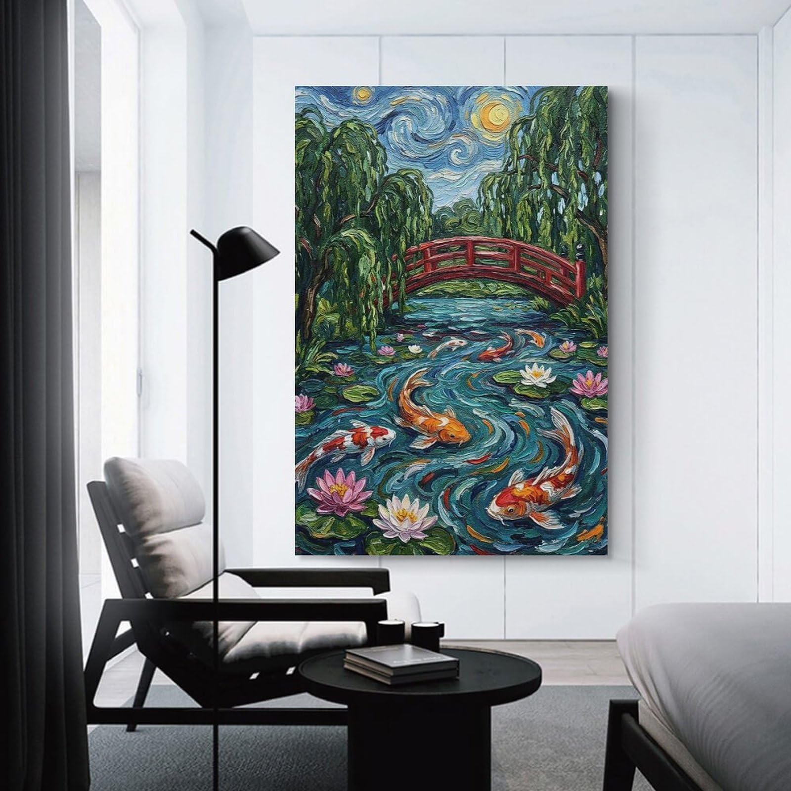Junmoney Unframe-Style-20 Decorative Canvas Print Koi Pond With Japanese Bridge, 20X30inch(50X75cm), For Living Room, Bedroom Or Home Office, Home Decor Gift With Stylish Appeal