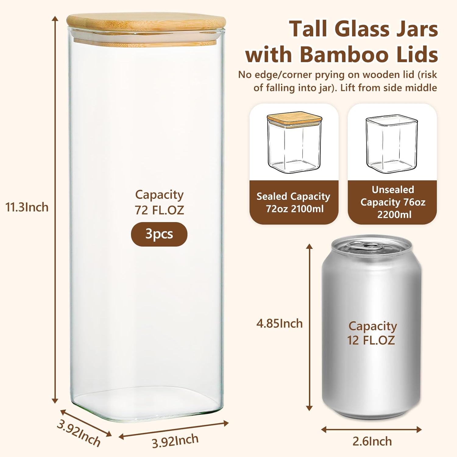 KEYWING 72oz Glass Spaghetti Pasta Storage Containers with Lids, 3-Pack Tall Square Airtight Food Jars for Pantry Noodles Flour Oats Cereal Sugar Beans - Image 2