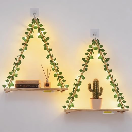 RICHER HOUSE Artificial Ivy LED-Strip Wall Hanging Shelves Set of 2, Macrame Shelf for Bedroom Living Room Kitchen, Wood Hanging Plant Shelves for Wall Décor, Thanksgiving & Christmas Decorations