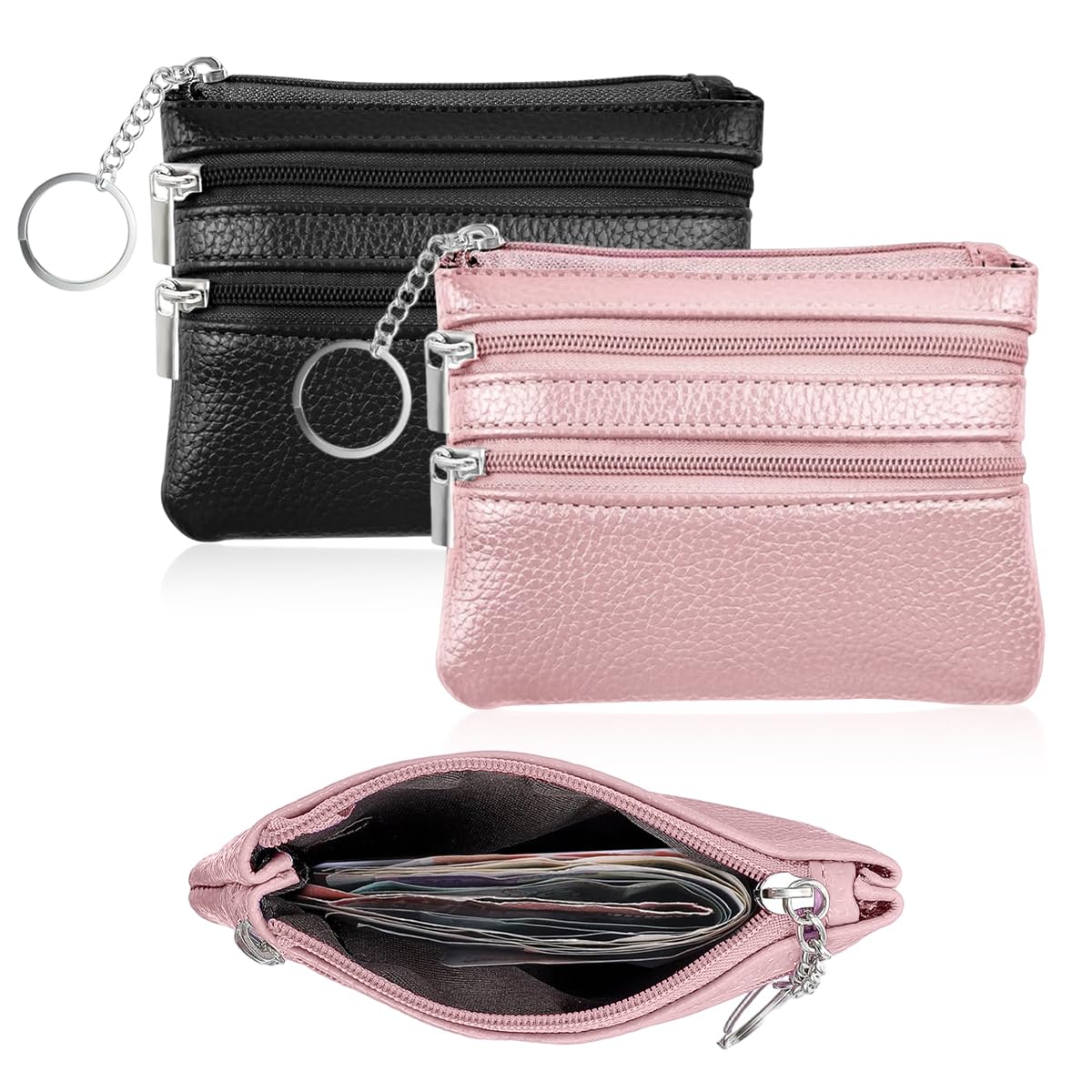 2Pcs Coin Pouch Pink Black Small Wallet PU Leather Zipper Triple Mini Purse with Keyring Compact Multi-Compartment Cash Pouch Gift for Women Men-image-47