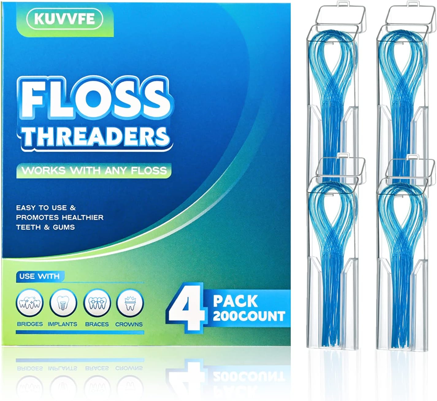 Kuvvfe Floss Threaders,Deep Clean Floss for Braces, Bridges, Implants|200Count (Pack of 4)