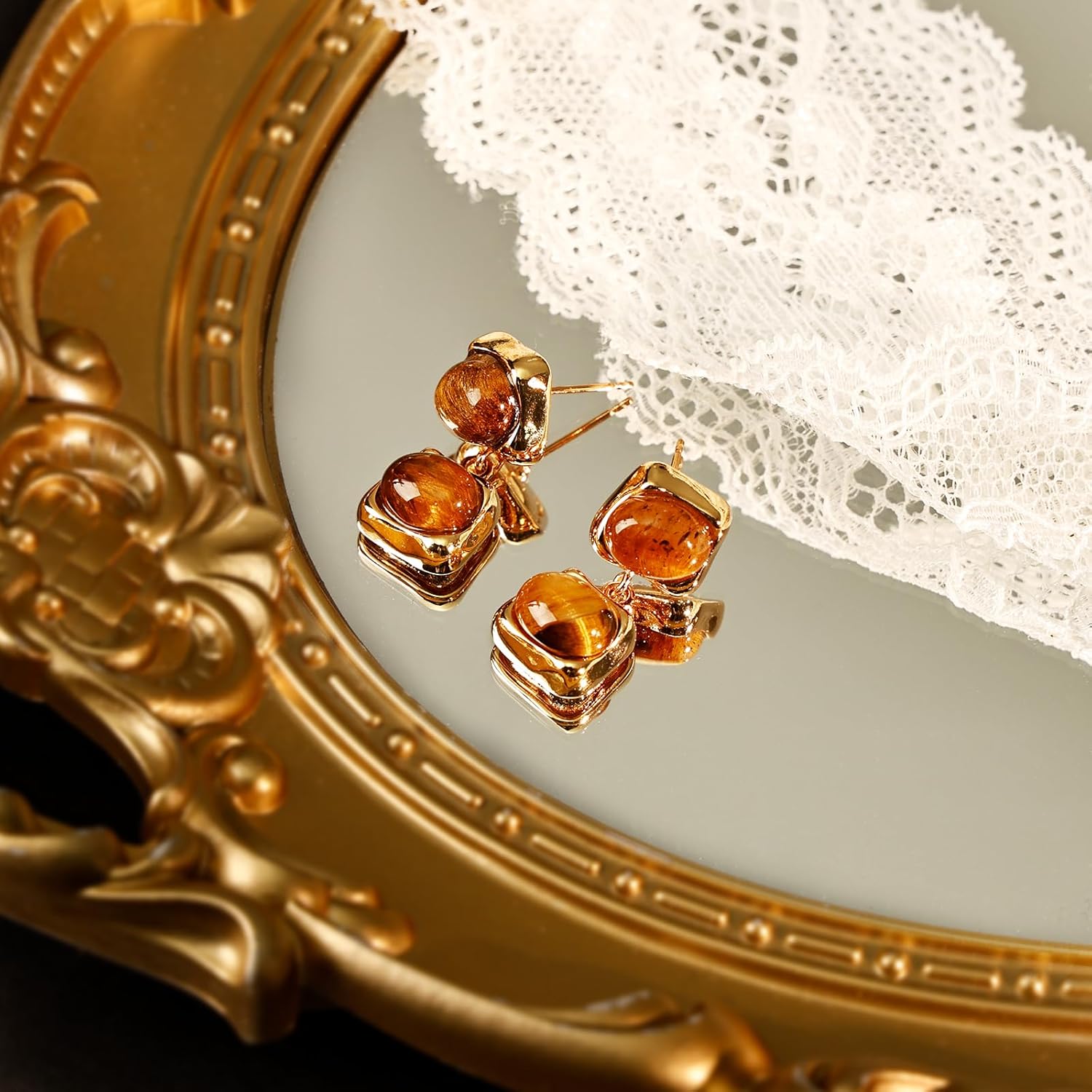 Vintage 14k Gold Plated Dangle Earrings for Women, Tiger Eye Drop Earrings Jewelry for Women - Image 5