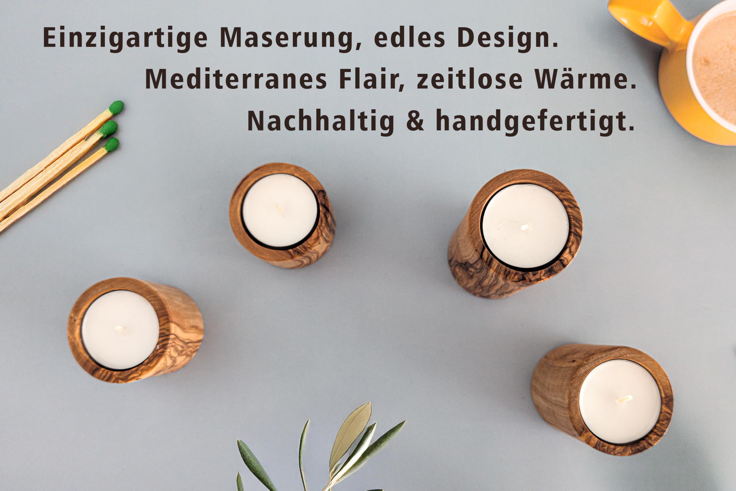 EMNA - Lot de 4 photophores en bois d'olivier de luxe | Hauteur : environ 4, 6, 8, 10 cm | Boîte cadeau incluse | Noël | Saint-Valentin | Support de bougie | Décoration romantique bien-être salle de