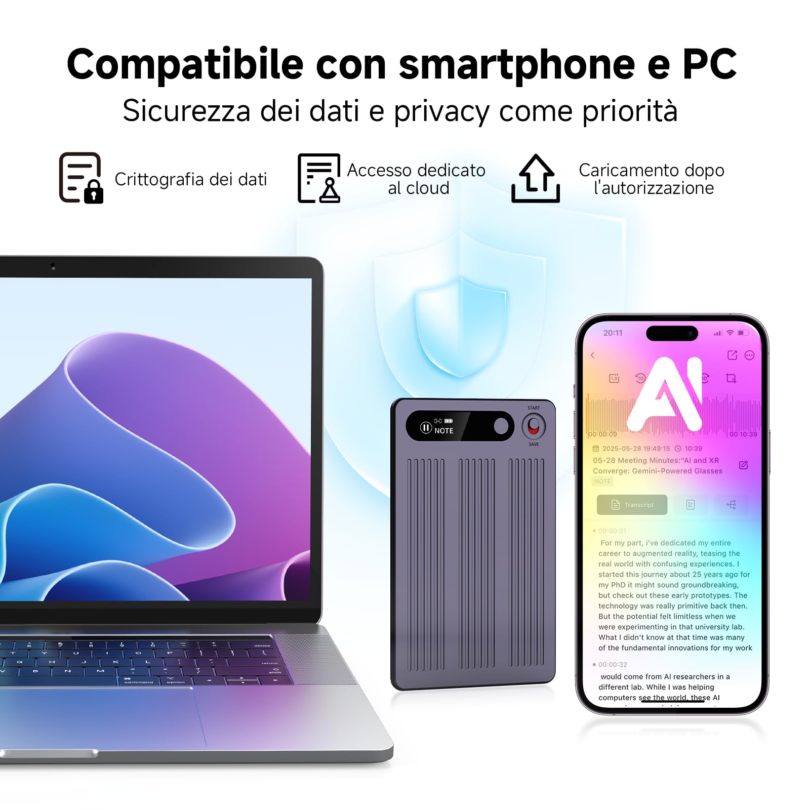 Registratore Vocale AI con Memoria 64GB - Trascrizione e Riassunto Automatico, Oltre 80+ Lingue, Registratore Digitale Professionale per Riunioni/Lezioni/Interviste, Controllo App, con Custodia