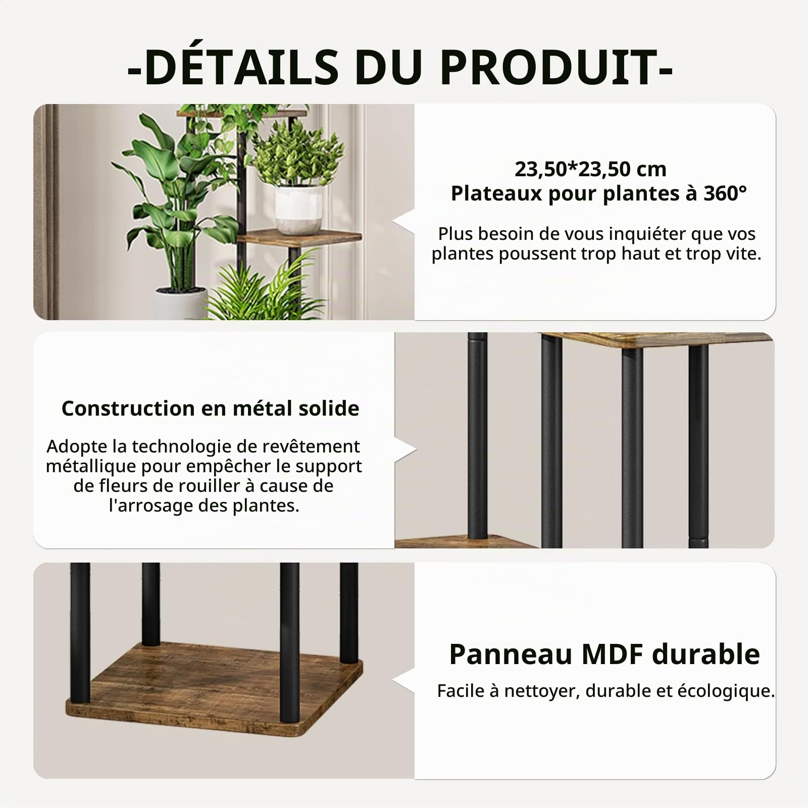 AZERPIAN Support pour plantes d'intérieur à 5 niveaux en métal pour plusieurs plantes, support de fleurs d'angle pour terrasse, jardin, salon, balcon, chambre à coucher, noir