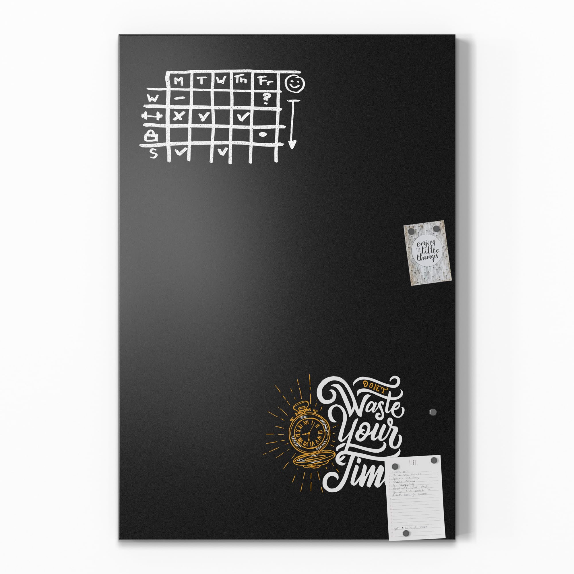 DEQORI Magnetyczna tablica do pisania kredą z nadrukiem UV, motyw "Zeit ist kostbar", prostokątna, 60 x 90 cm, metalowa tablica kredowa do pisania – dekoracja ścienna do kuchni, korytarza, pokoju