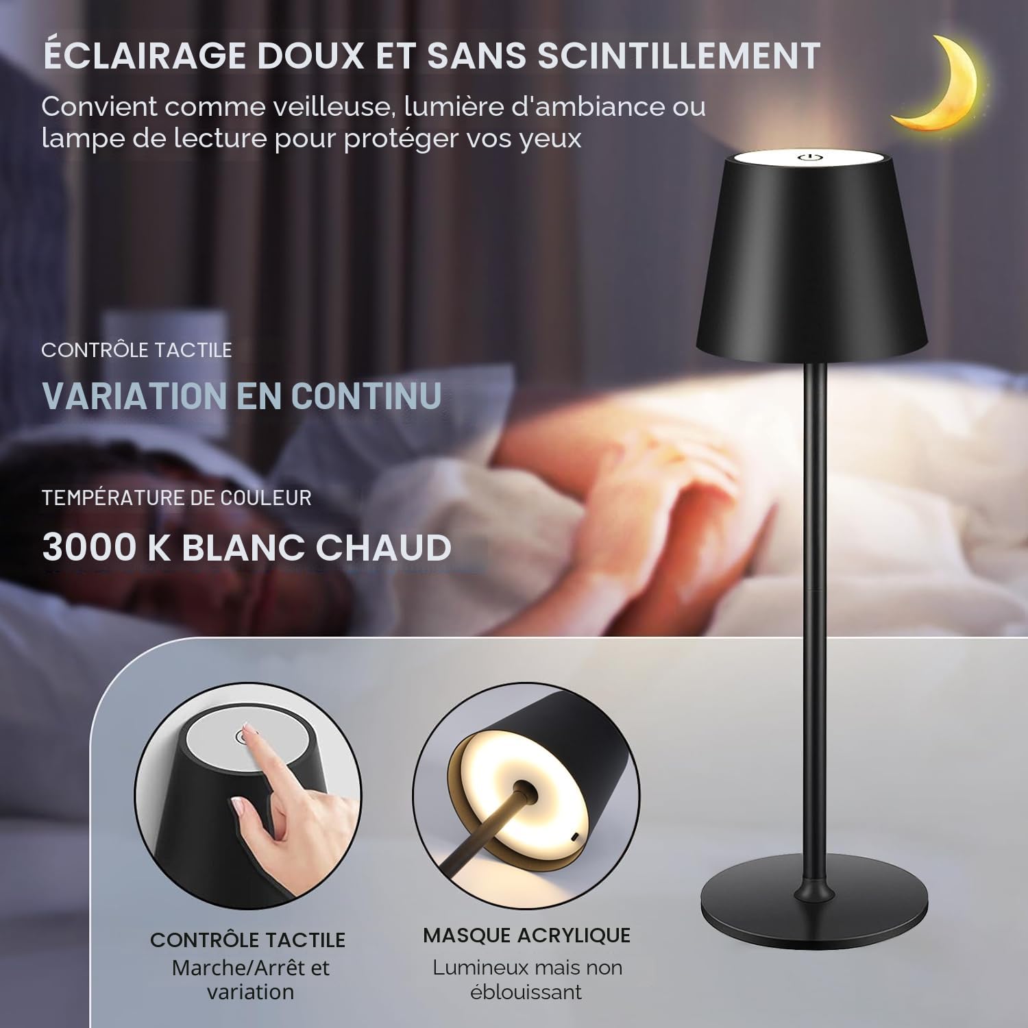 Lampe de Table à Batterie LED Dimmable, Lampe de Table Sans Fil Tactile avec USB-C, Lampe de Bureau à Batterie Rechargeable LED en Métal pour Extérieur et Intérieur, Aluminium, IP44, 5600mah, 5W, Noir