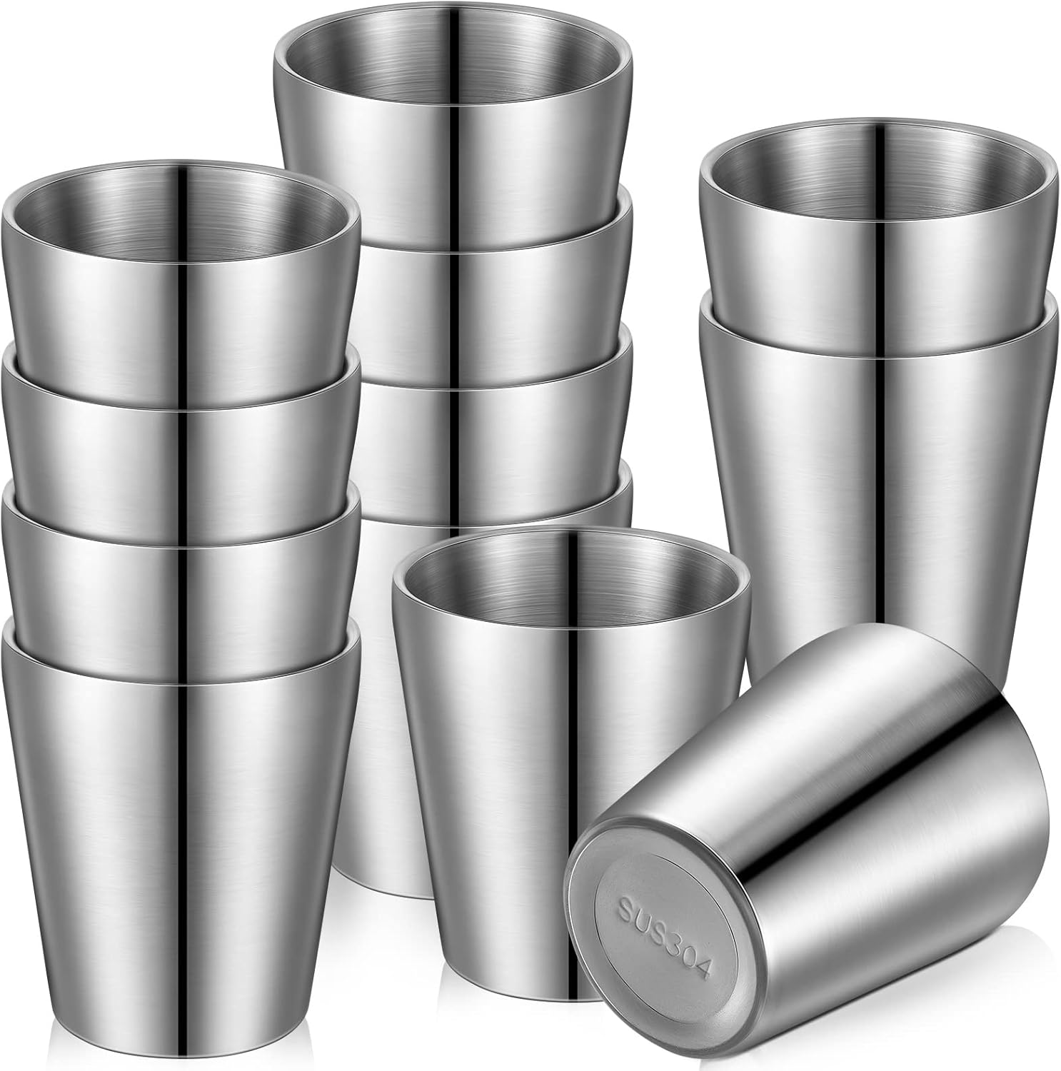 Amyhill 12 Pieces Stainless Steel Cups Double Wall Tumbler Glasses Stackable Metal Drinking Cups Insulated Drinking Glasses Reusable Silver Camping Mugs for Home Camping RV BBQ Office Party(5.9 oz) 5.9 Oz Silver