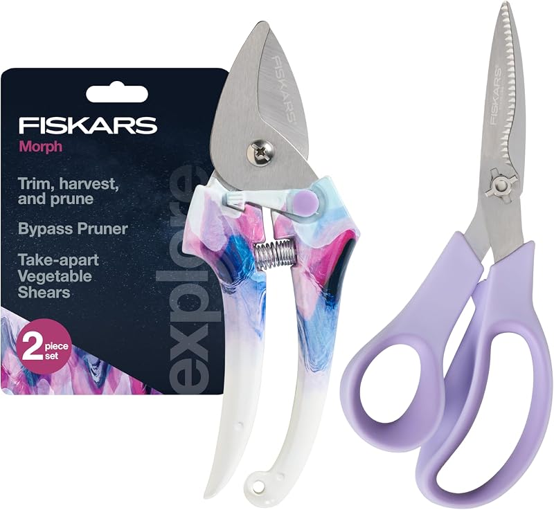 Fiskars Juego de herramientas de jardín de 2 piezas, tijeras de podar y tijeras para verduras | Explore Collection Cortaúñas de jardín Bypass, tijeras para verduras con cuchillas dentadas de acero inoxidable para cosechar flores y hierbas