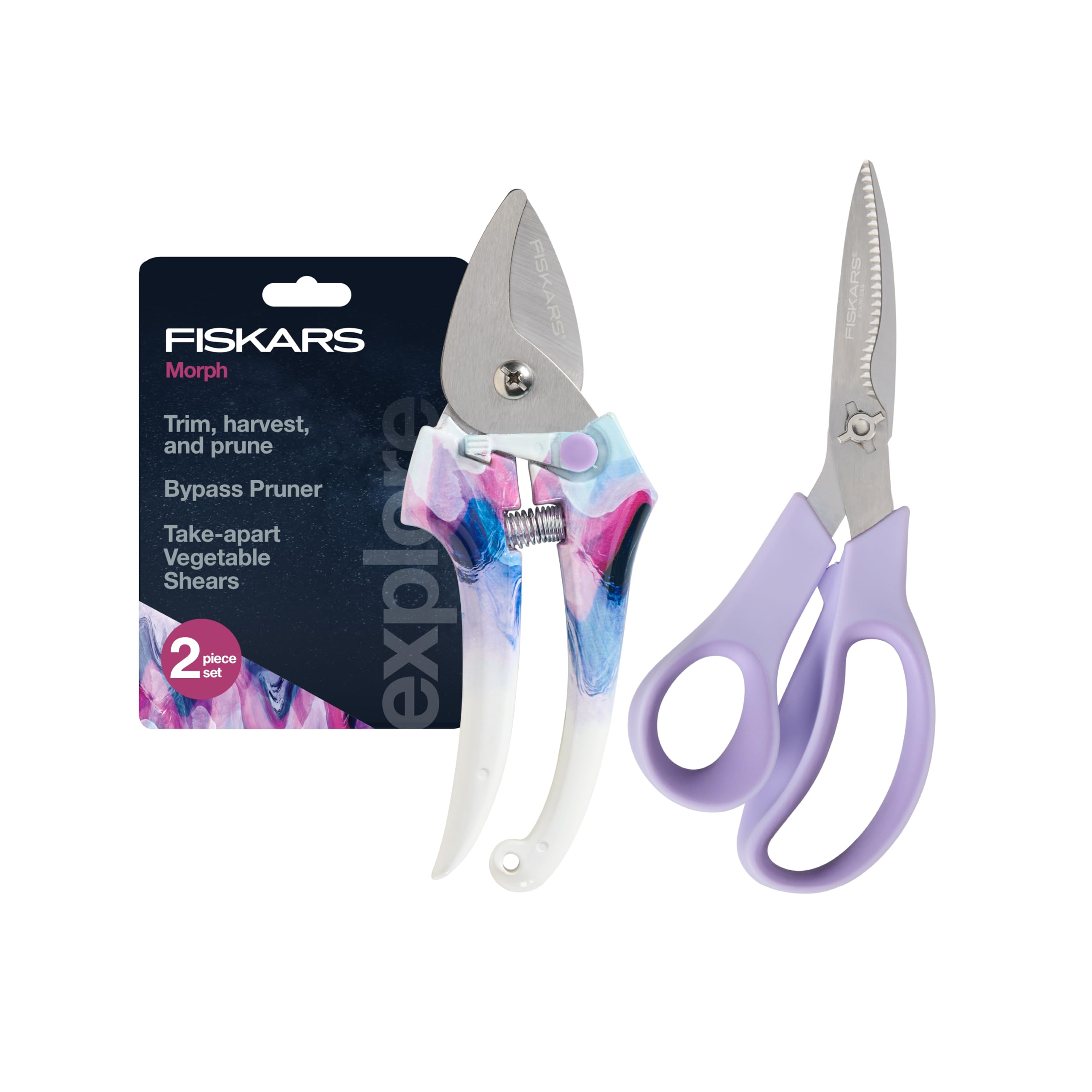 Fiskars 2-Piece Pruning &amp; Veggie Shears Set, Explore Collection Garden Tool Kit, Bypass Pruner for Light Trimming, Vegetable Shears with Serrated Stainless Steel Blades for Harvesting Flowers &amp; Herbs