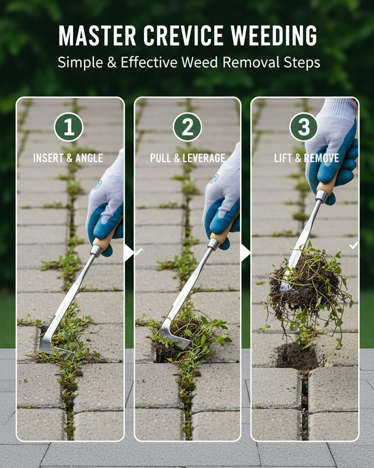 L-Shaped Stainless Steel Crevice Weeding Tool Crack Manual Weed Remover Long Handle Puller Grass Grampas Sickle Edger Hook Cutter Garden Paver Sidewalk Patio Yard Moss Knife Cleaning Scraper(3PCS)
