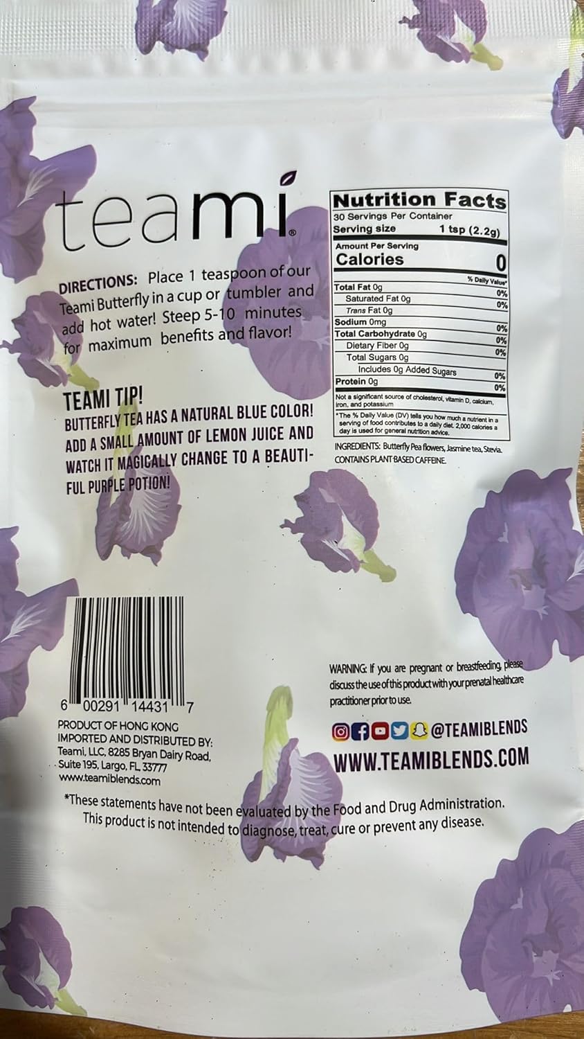 Teami Pure Butterfly Pea Flower Tea - Blue & Purple Dried Butterfly Pea Flower Supports Health and Beauty - Caffeine-Free Hand Selected Jasmine Infused Premium Tea - 30 servings per bag