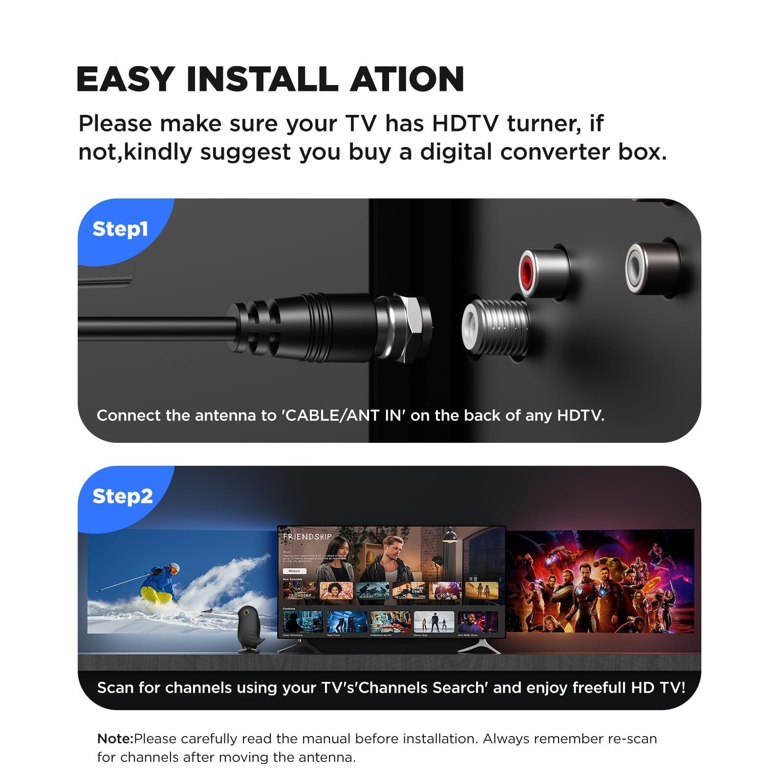 2026 High Gain ATSC Digital HD TV Antenna Indoor Outdoor, 2200+ Miles Range for Local Channels,TV Antenna for Smart TV with Signal Booster Compatible with Older TVs，4K 1080p Ready (Raven Black) — view 5