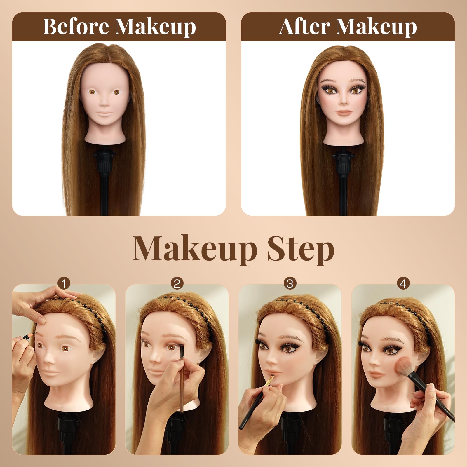 Neverland 24 Zoll Schminkkopf Frisierkopf mit Ständer 80% Echthaar Übungskopf Trainingsköpfe Friseurkopf mit Halter + Hair Styling Braid Set