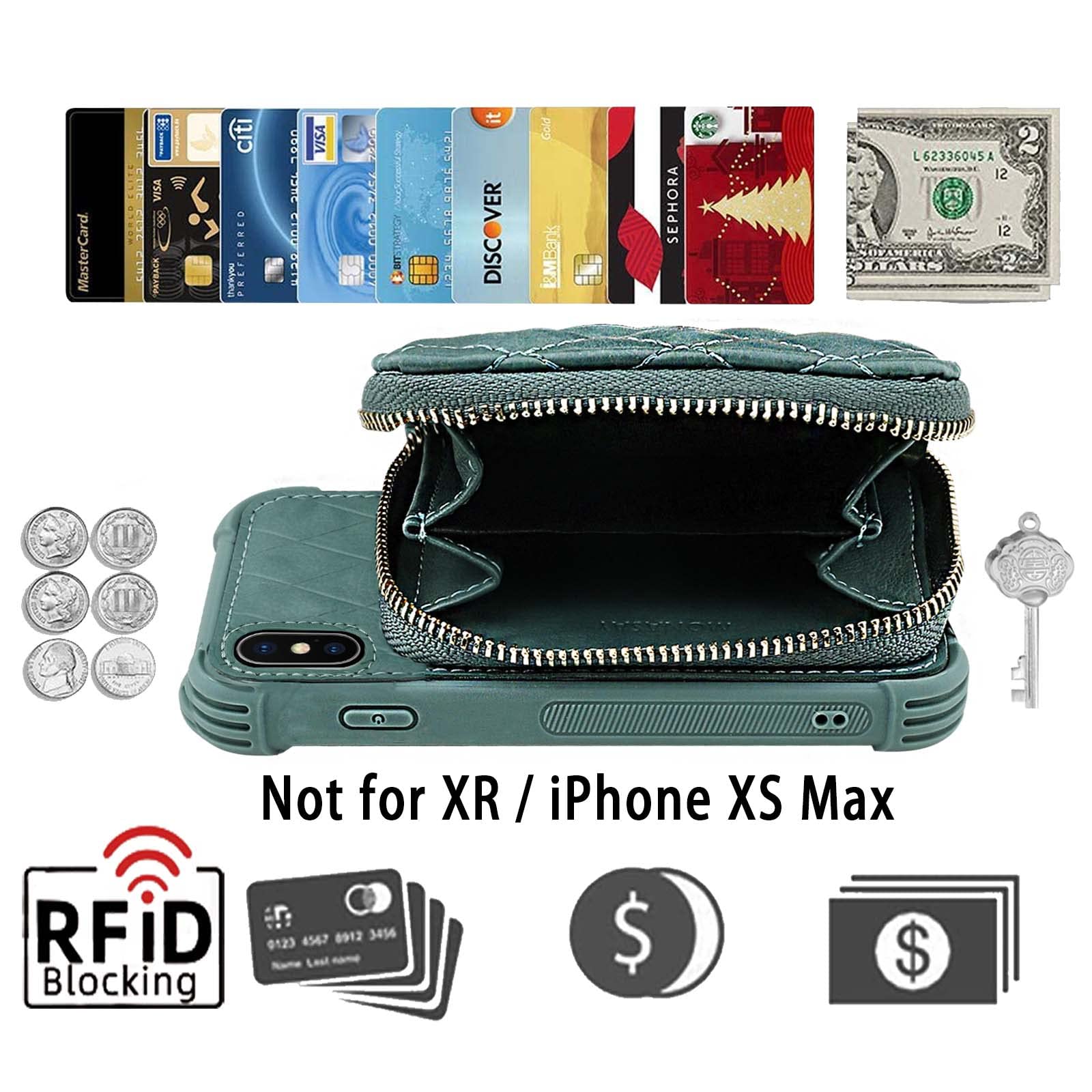 MONASAY Zipper Wallet Case Fit for iPhone X/XS,[Glass Screen Protector ][RFID Blocking] Flip Leather Handbag Phone Cover with Card Holder & Detachable Crossbody Shoulder Lanyard Strap, Light green