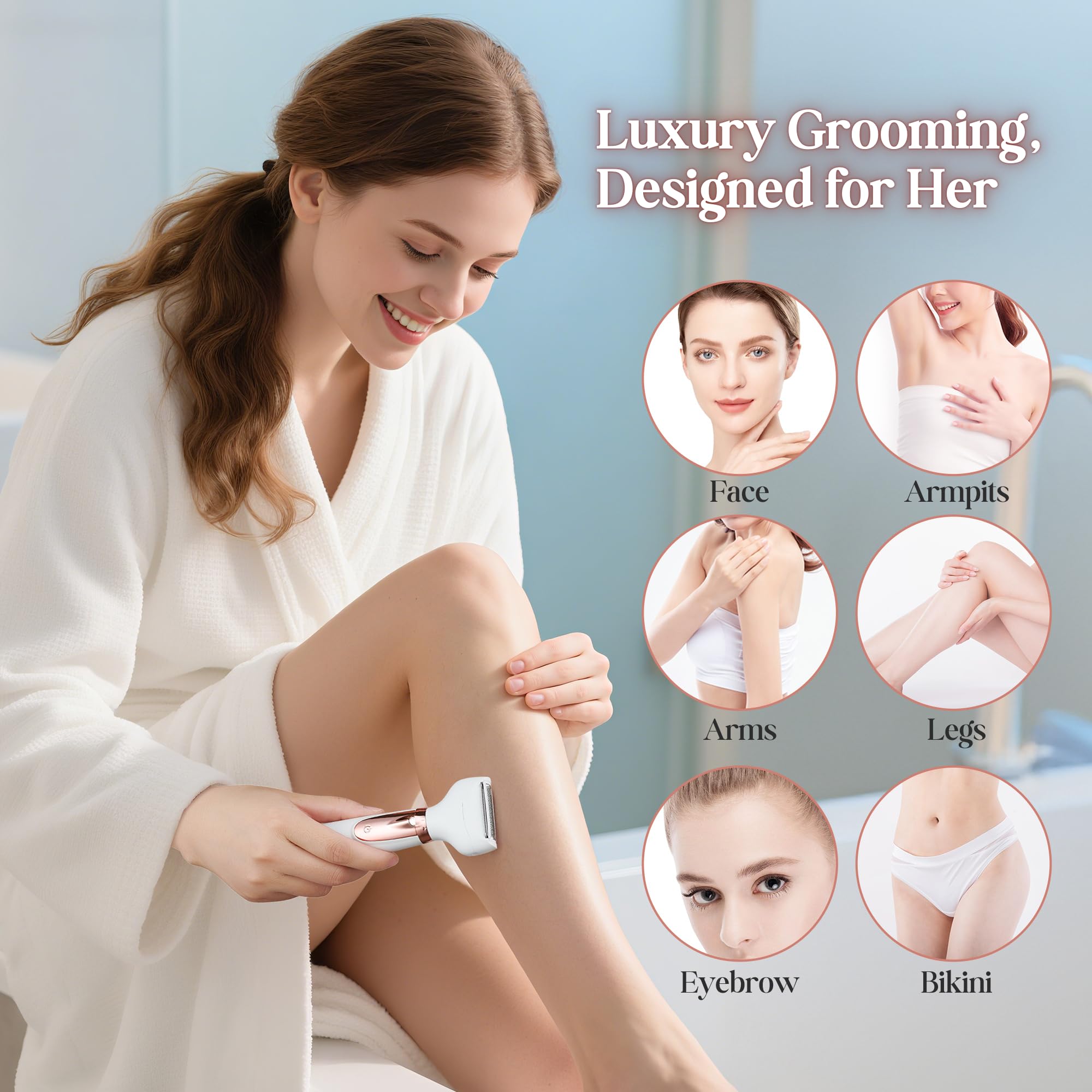 BarberBoss Rasoio elettrico donna 5 in 1, Kit epilazione ricaricabile, Rasoio per donna per corpo, bikini, viso, naso e sopracciglia, Rasoi donna senza fili Wet & Dry, Epilatore per viso, QR-8005