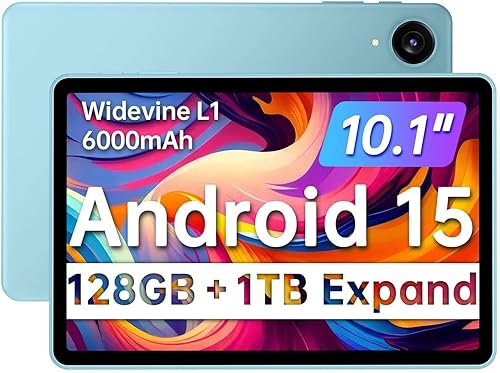 JIKOCXN Tableta, Android 15 Tablets con pantalla HD de 10.1 pulgadas, 128 GB de almacenamiento 1TB Expand, procesadores Octa-Core, 6000mAh, Widevine