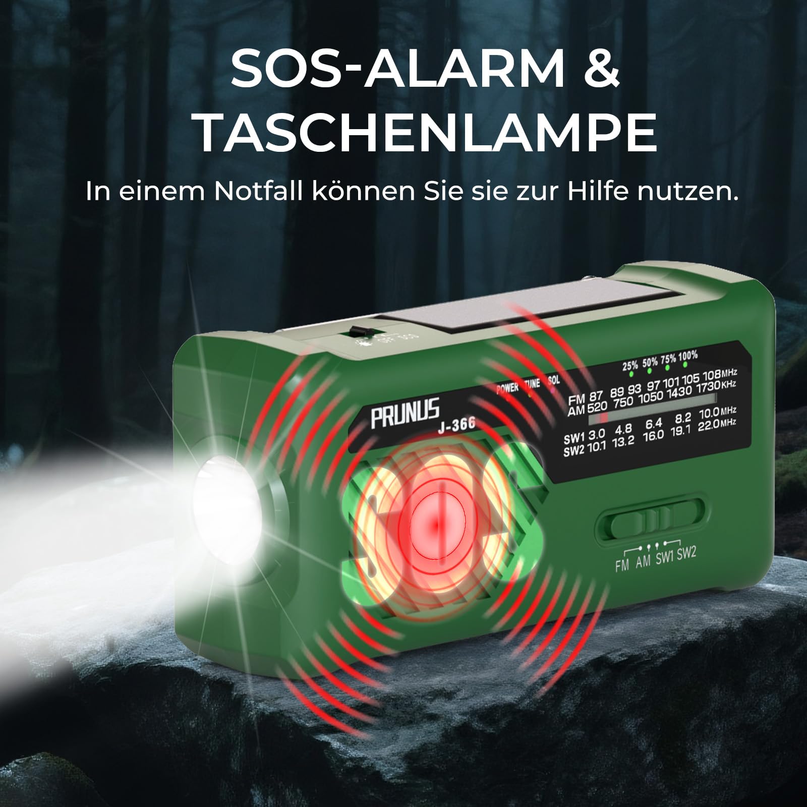 PRUNUS J-366 FM/AM/SW Kurbelradio Notfall Weltempfänger, Radio Batteriebetrieben oder 2000mAh Akku, 3-in-1 Ladekabel, Notfallradio mit Taschenlampe/SOS Alarm/Handyladefunktion für Ourdoor, Blackout.