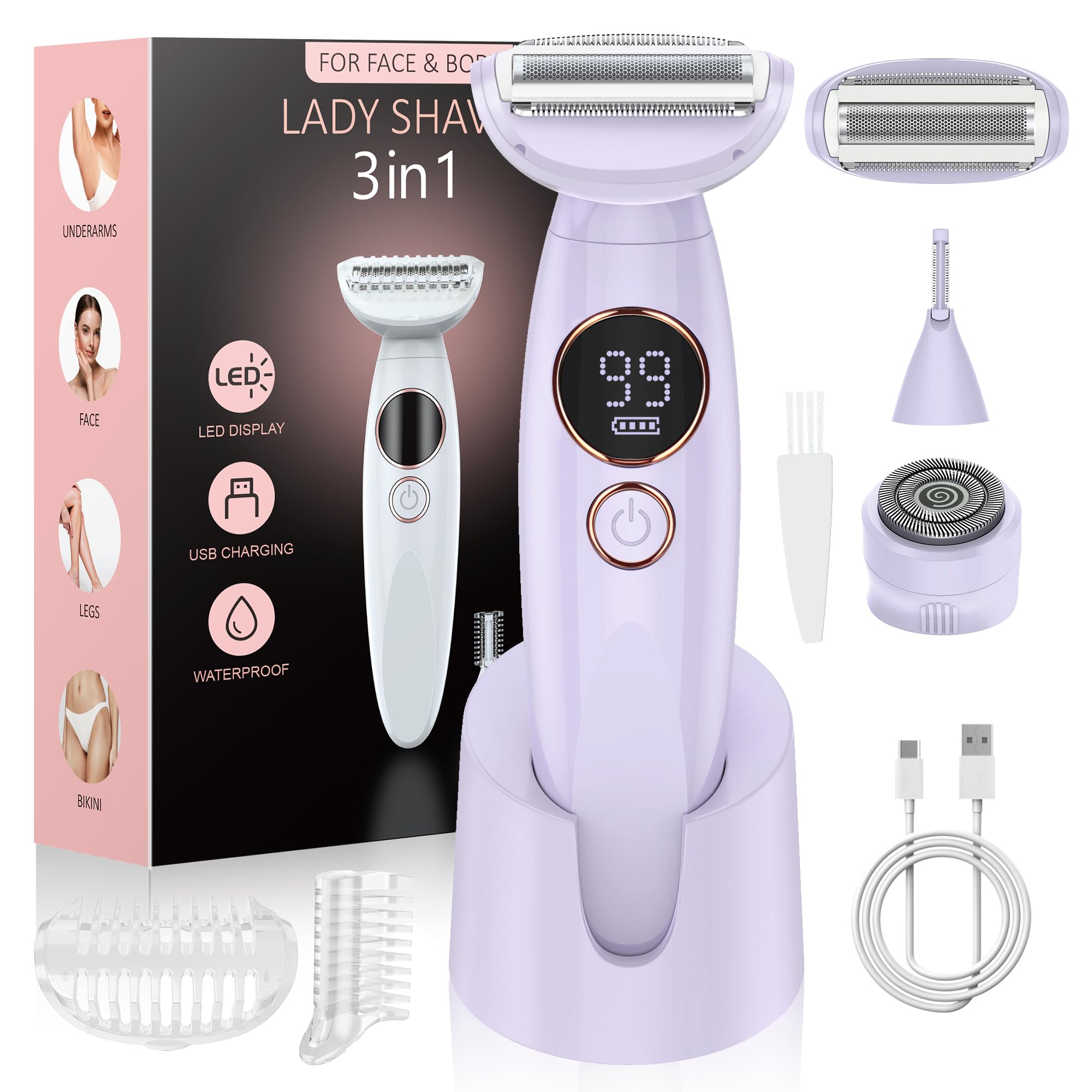 3 in 1 Bikini Trimmer for Women, Electric Razors for Women with Display, Painless Bikini Trimmer, USB Charging, Electric Shaver for Woman,Shaver for Woman for Face, IPX7 Waterproof,Light Lilac