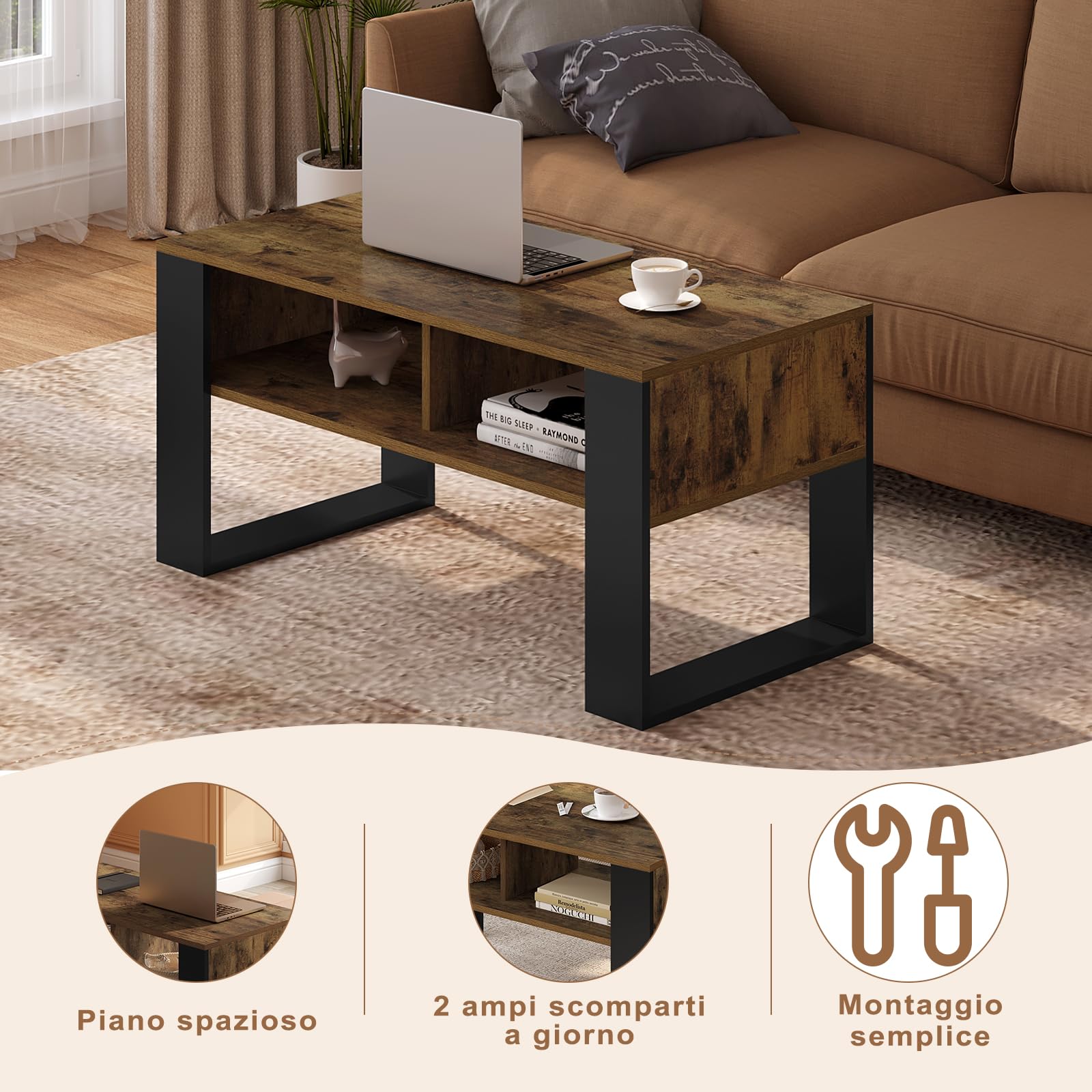 WOLTU Tavolino da Salotto/Divano con 2 Scomparti Aperti, Tavolino Basso, Tavolo Laterale per Soggiorno, Camera da Letto, in Legno, Marrone Rustico + Nero, 90x45x45 cm, BTS16hov