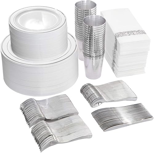 Vista 7 de I00000 - Juego de vajilla dorada de 700 piezas, 200 platos de plástico dorados, juego de 300 cubiertos desechables dorados, 100 vasos, 100 Oro,Claro