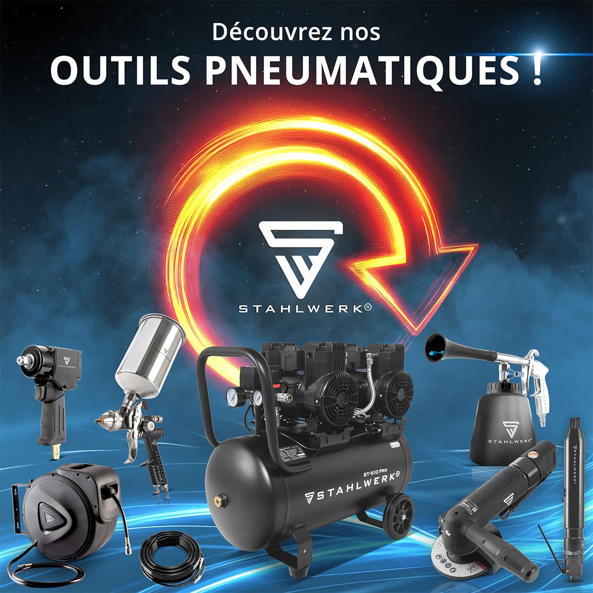 STAHLWERK Compresseur d’air 3 L (ST-38 Pro) – sans huile & silencieux | 8 bar, 1,60 CV, 1,18 kW, 190 l/min, 67 dB, compresseur d'air avec moteurs sans balais, compresseur à pistons silencieux