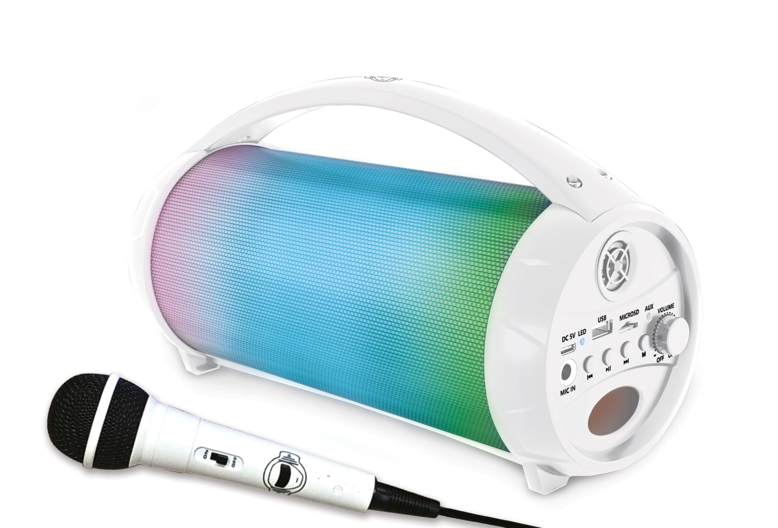 Lexibook, iParty, Portable Bluetooth Light Speaker with Microphone, Stereo, Light effects, Karaoke, Wireless, USB, SD card, Rechargeable battery, white, BTP585ZLXB
