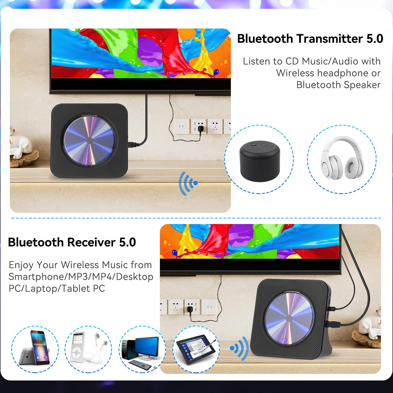 Gueray Reproductor de DVD para TV Bluetooth Reproductor de DVD/CD de Sobremesa para el Hogar con Altavoces Radio FM con Reproductor de CD de Tarjetas USB Incluye Mando a Distancia Cable HDMI