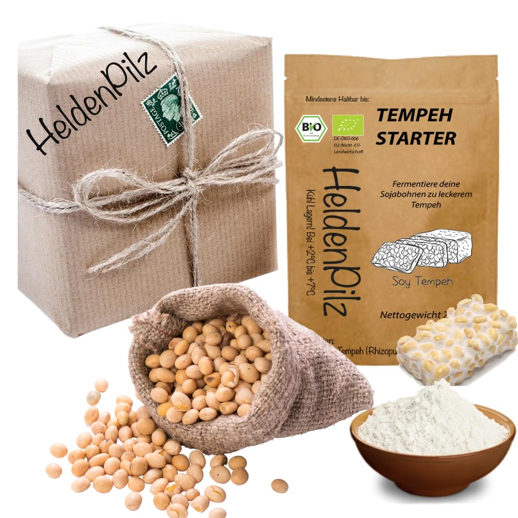 Tempeh Kit de démarrage avec 1 kg de soja pelé (Culture Rhizopus Oligosporus) – Jusqu'à 75 kg de Tempeh à fabriquer soi-même
