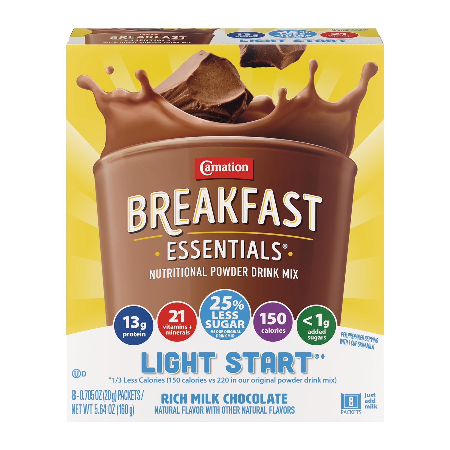 Carnation Breakfast EssentialsLight Start Nutritional Powder Drink Mix Rich Milk Chocolate, 8 Count Box of 0.705 oz Packets (Pack of 8 Boxes)Rainforest AllianceRainforest AllianceRainforest AllianceRainforest Alliance