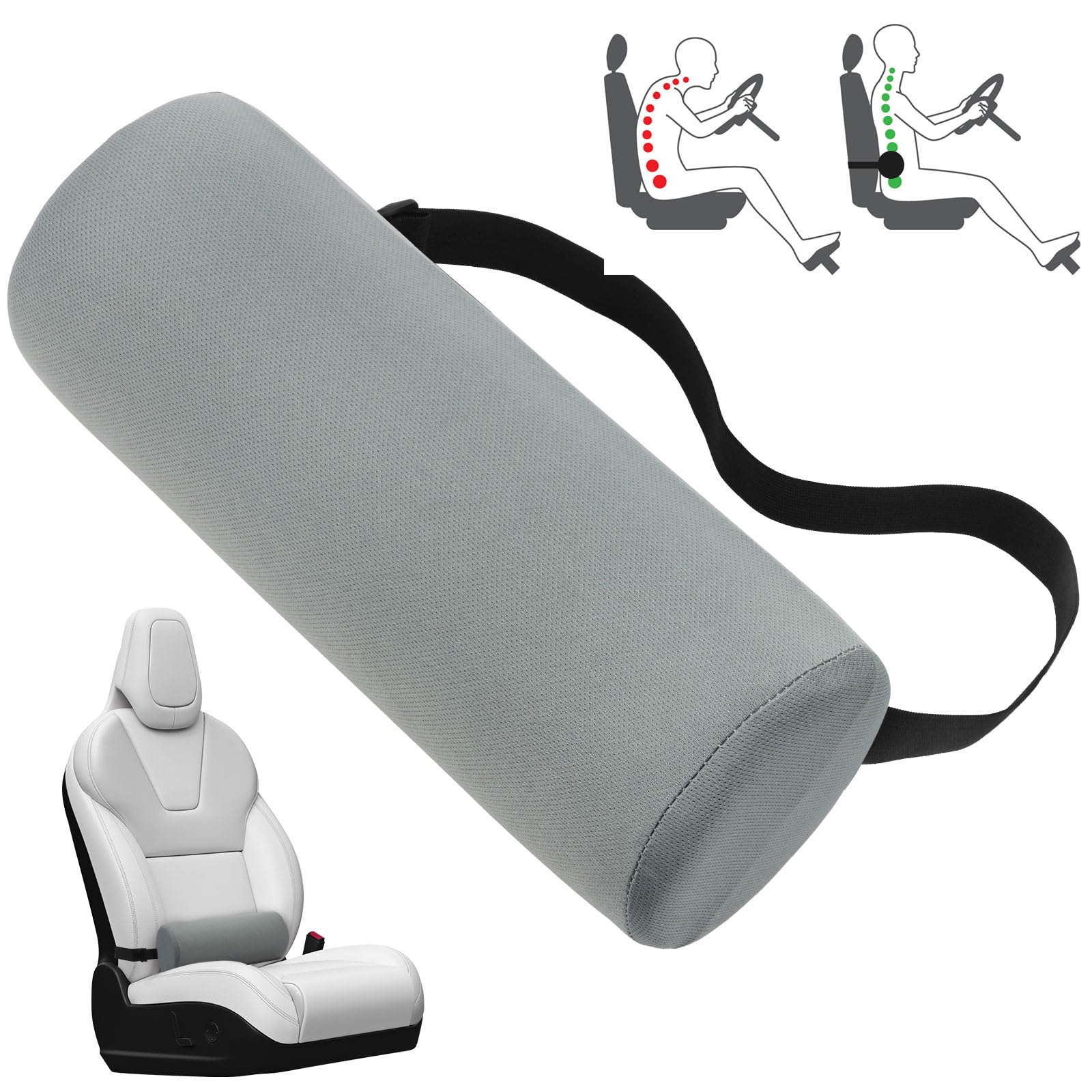 Lumbar Roll Pillow for Lower Back, Lumbar Support Pillow Memory Foam Roll Pillow with Removable Washable Cover Ergonomic Neckroll Pillow with Elastic Strap Length Back Support Roll for Chair (Grey)