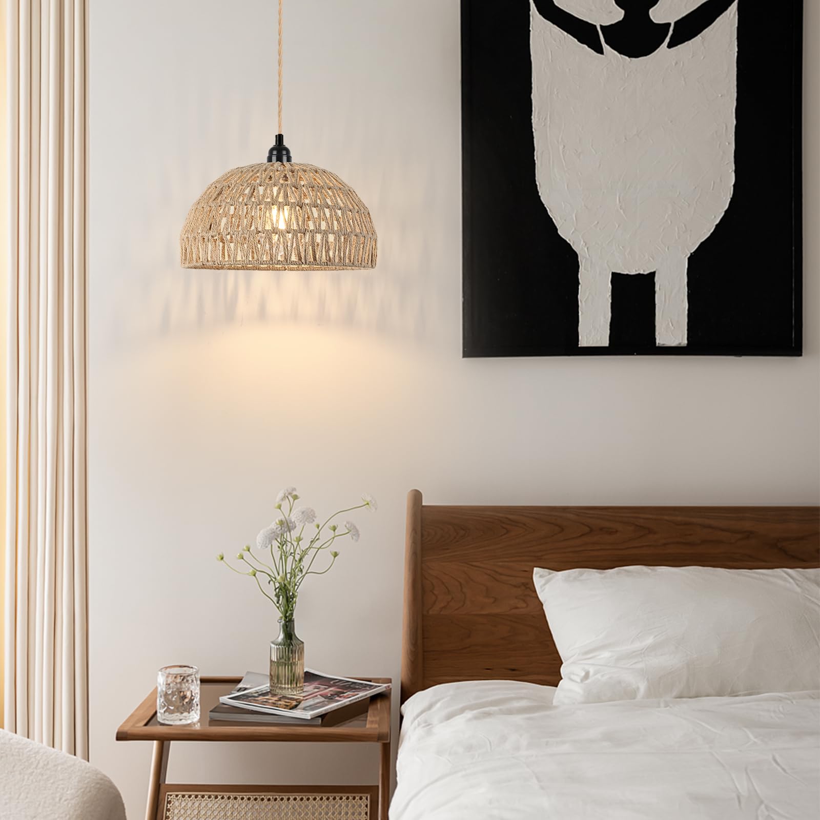 foucasal Plug in Pendant Light Hanging Lights with Plug in Cord 15ft Farmhouse Hanging Lamp Woven Rattan Plug in Ceiling Light Fixture for Living Dinning Room Bedroom Kitchen Island