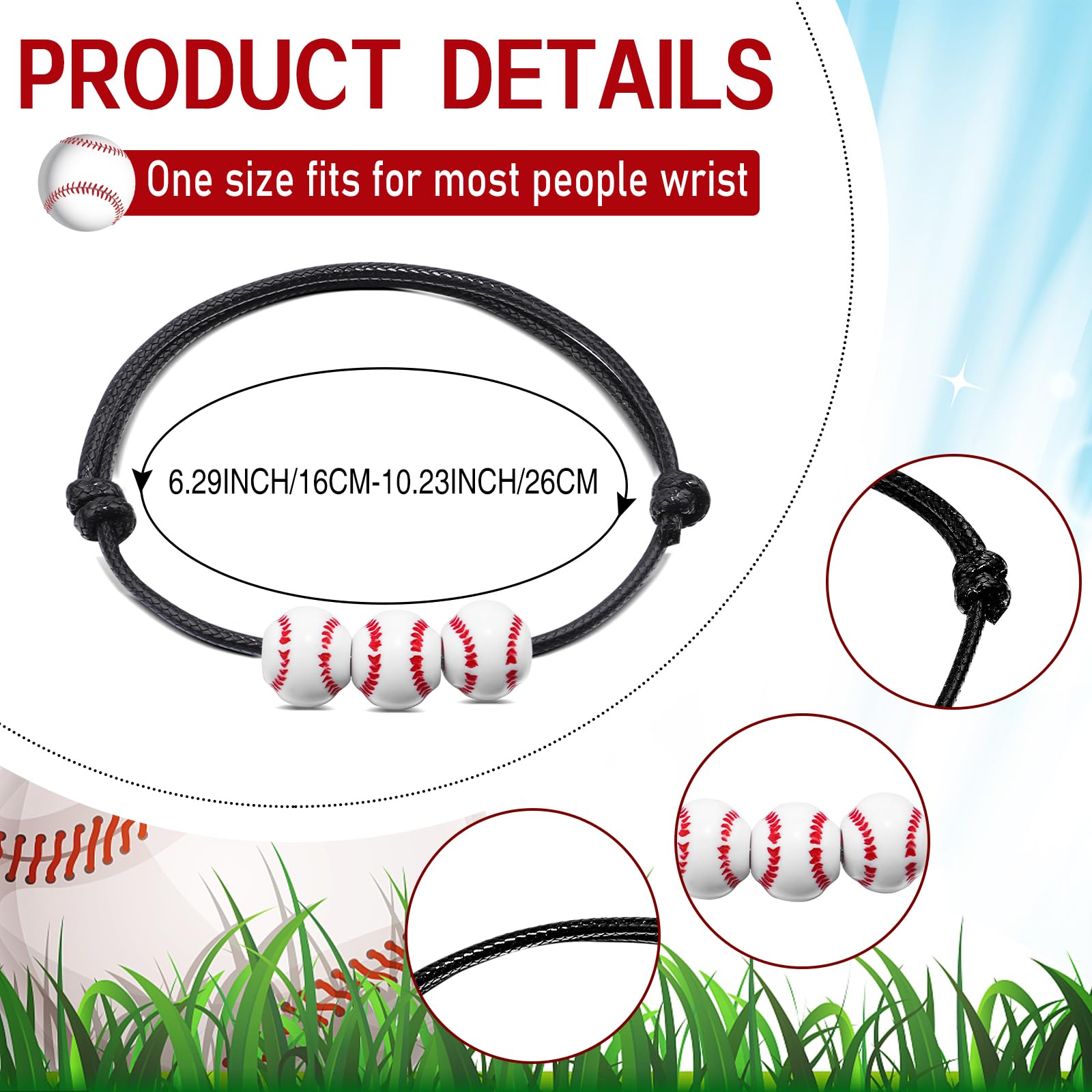 CHRIMISS 40Pcs Baseball Party Favors Sport Theme Charm Bracelets with Baseball Beads Bracelet Sport Party Favors Adjustable Inspirational Bracelets