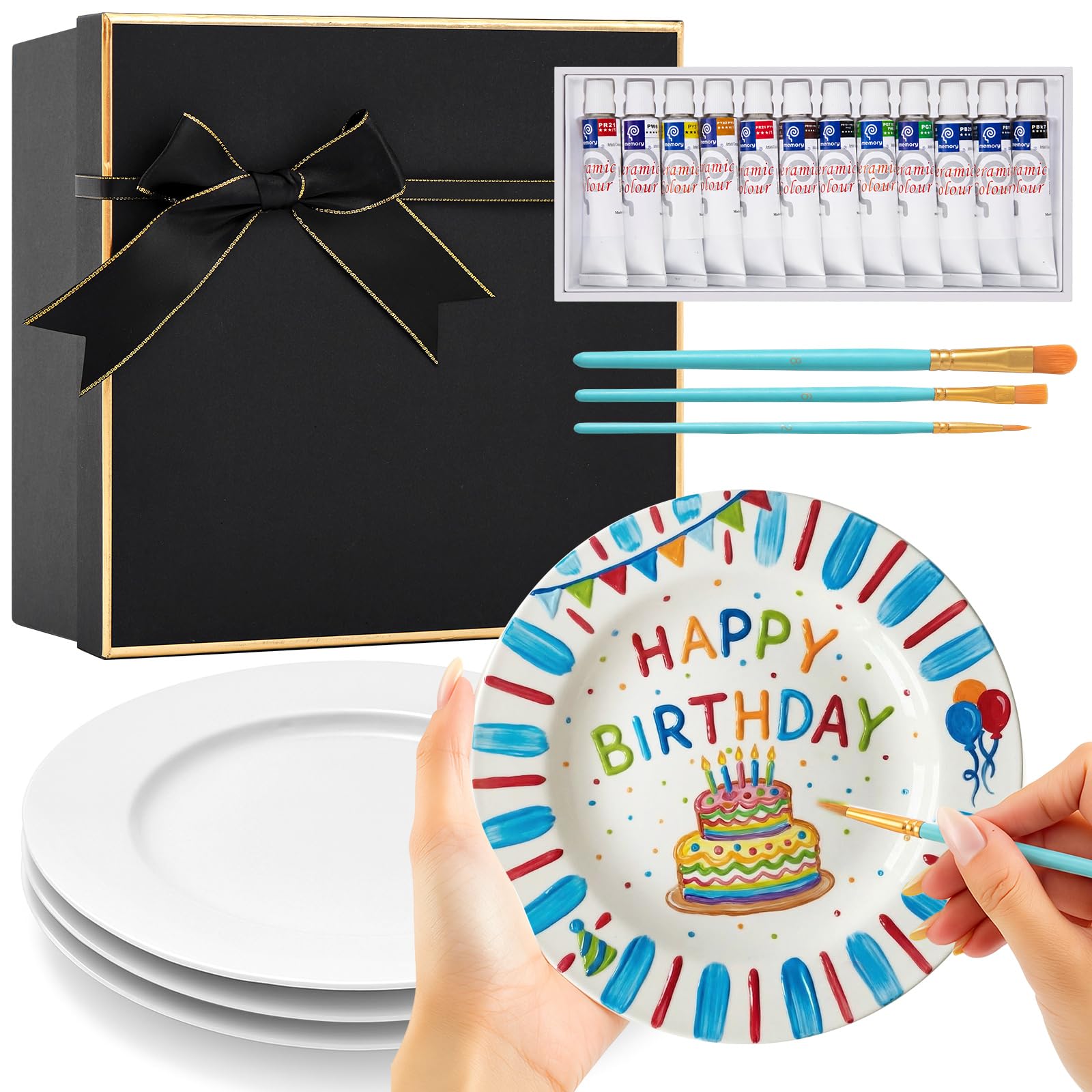 Sinmoe Kit de Peinture d'Assiettes en Céramique Comprend 4 Assiettes en Porcelaine 3 Pinceaux 12 Peintures Acryliques 1 Coffret Cadeau 1 Palette à Peindre DIY(7 Pouces,Luxe Moderne,4 Pièces)