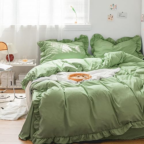 Luxlovery Juego de edredón verde salvia, tamaño California King, con volantes, color verde claro, tamaño California King, con volantes, estilo