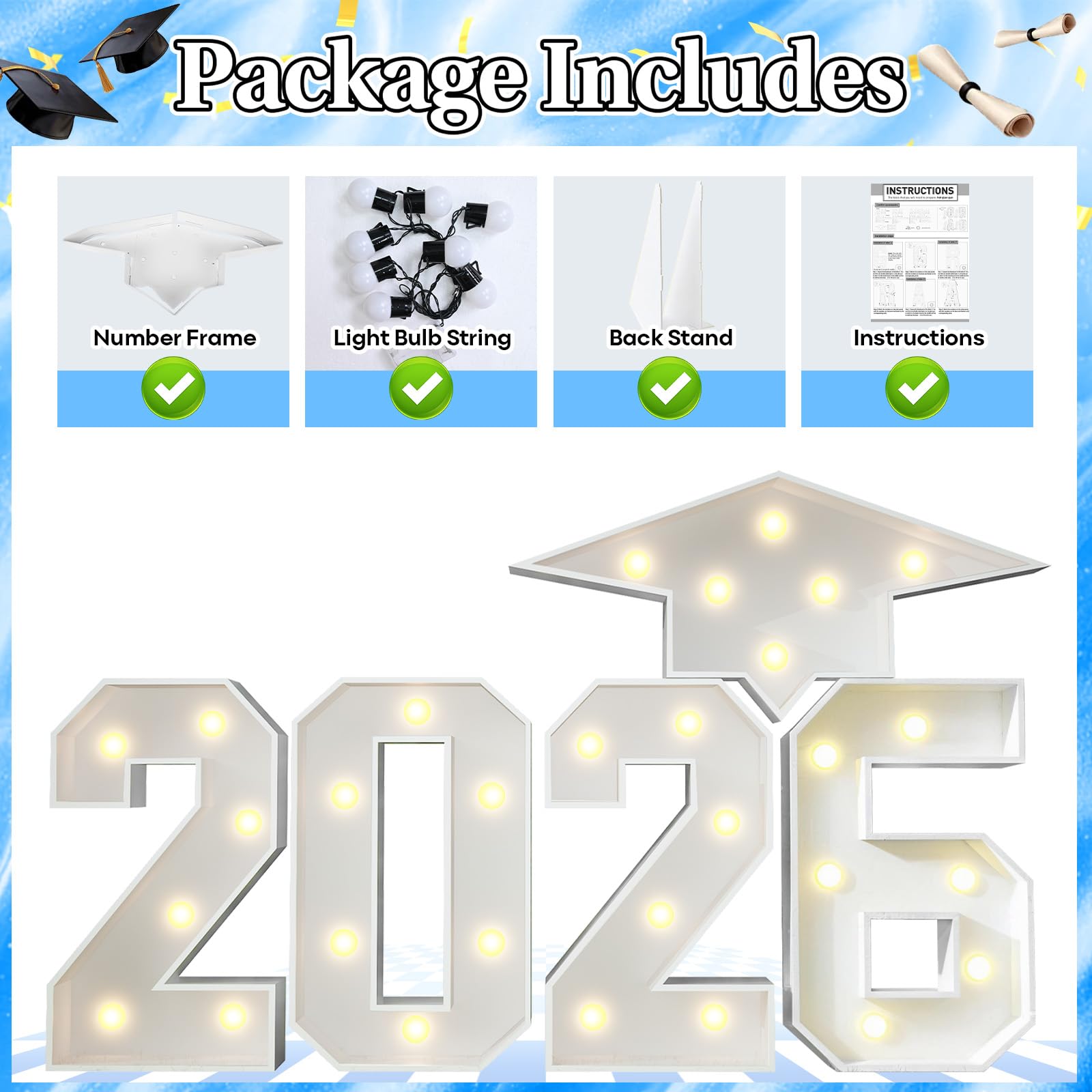 Marquesina de números iluminados 2026 de 3 pies para decoraciones de graduación con gorra de graduación, número de mosaico grande blanco con luces, marco de cartón precortado para fiesta de graduación